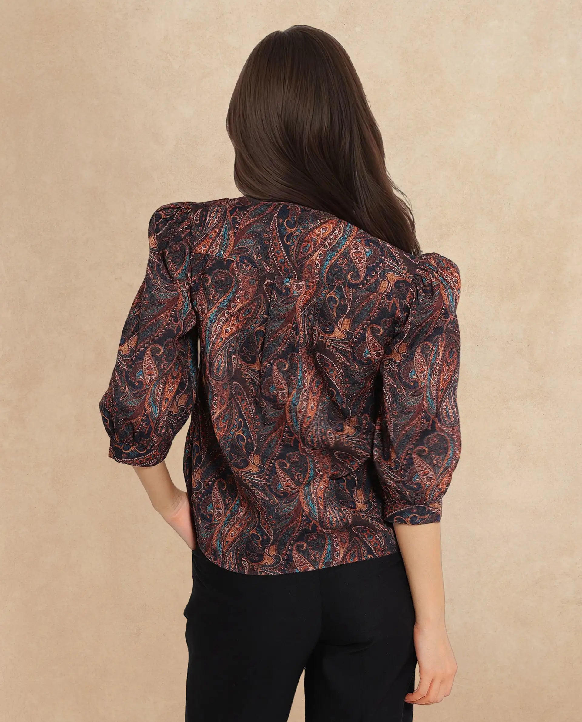 Rareism Women Cyak Multi Puff Sleeves V-Neck Button Paisley Print Top