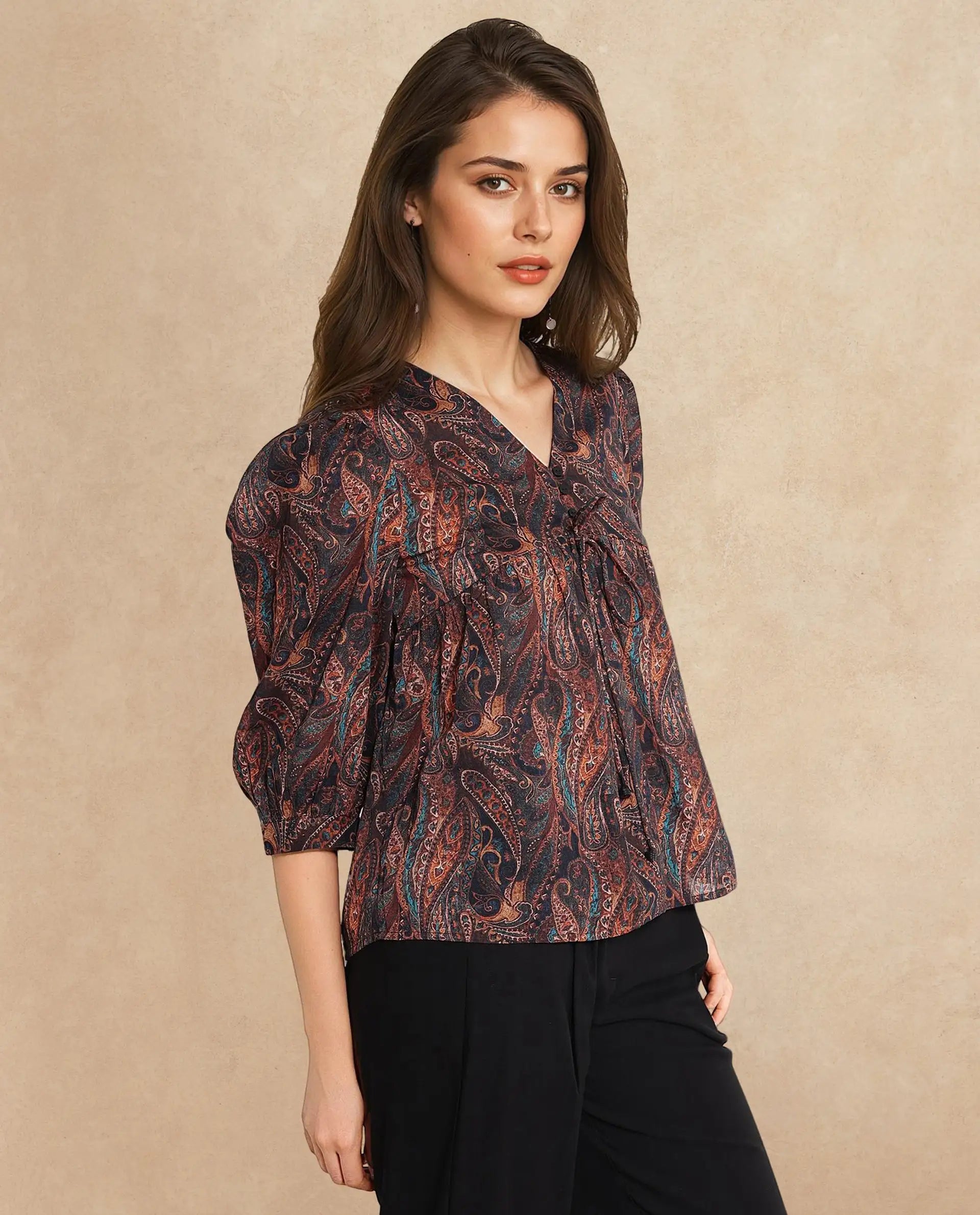 Rareism Women Cyak Multi Puff Sleeves V-Neck Button Paisley Print Top