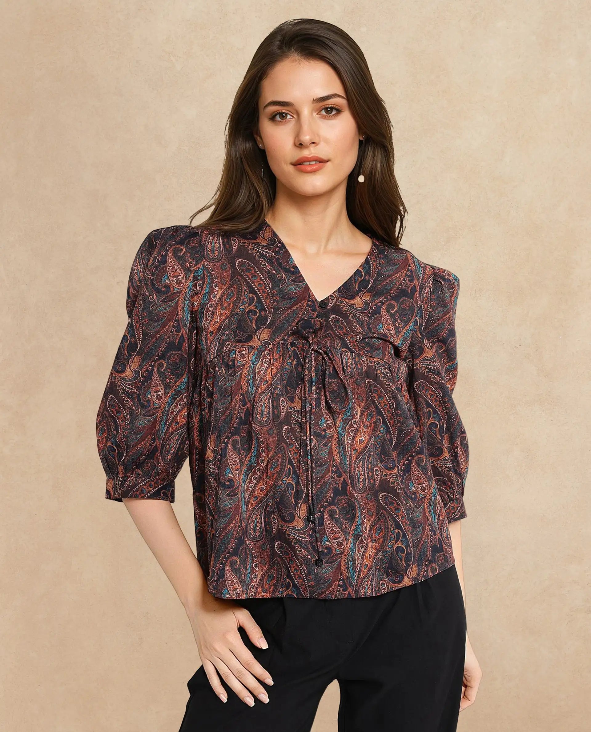 Rareism Women Cyak Multi Puff Sleeves V-Neck Button Paisley Print Top
