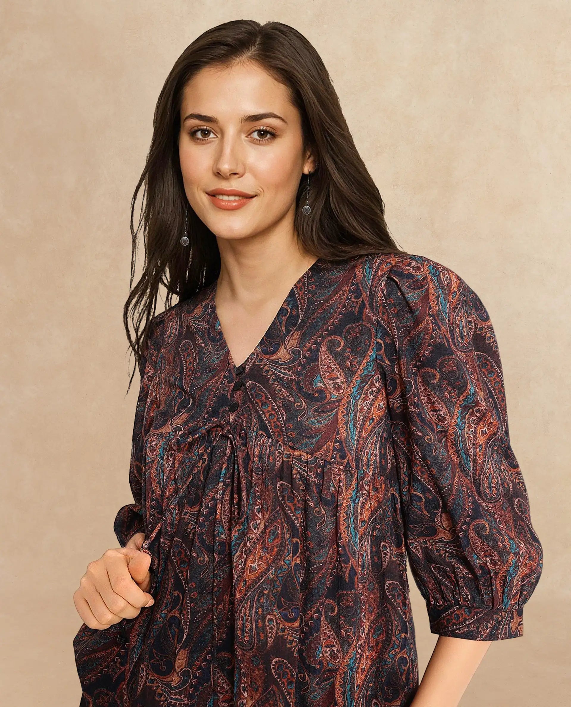 Rareism Women Cyak Multi Puff Sleeves V-Neck Button Paisley Print Top