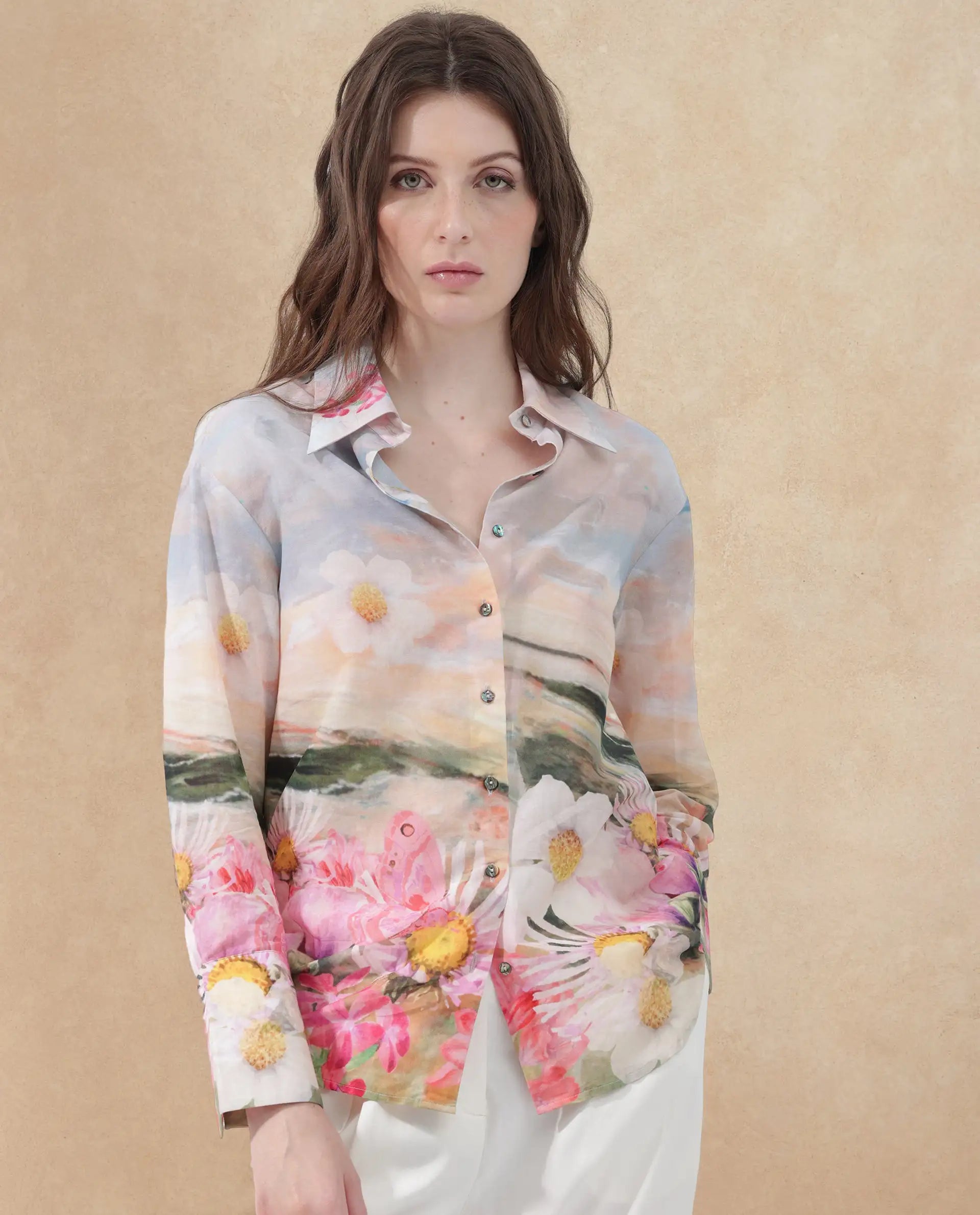 Rareism Women Cyno Multi Cotton Fabric Full Sleeve Collared Neck Floral Print Regular Length Shirt