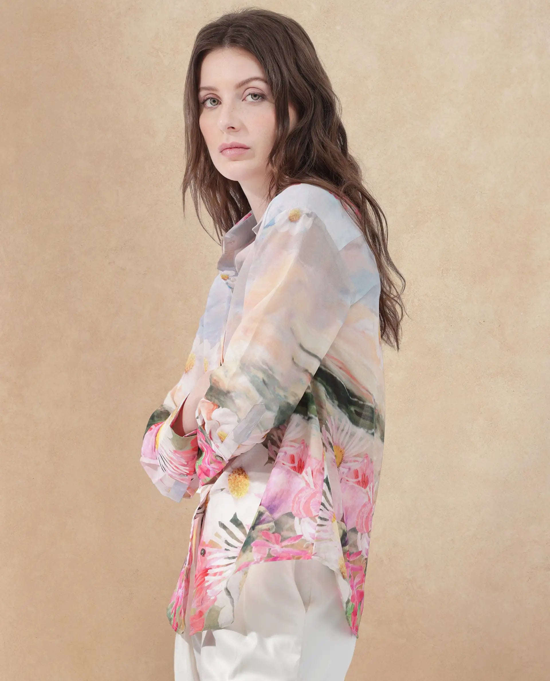 Rareism Women Cyno Multi Cotton Fabric Full Sleeve Collared Neck Floral Print Regular Length Shirt