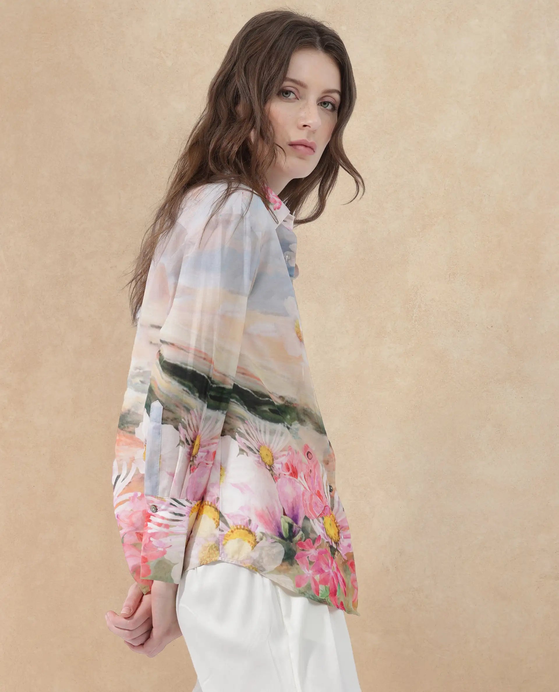 Rareism Women Cyno Multi Cotton Fabric Full Sleeve Collared Neck Floral Print Regular Length Shirt