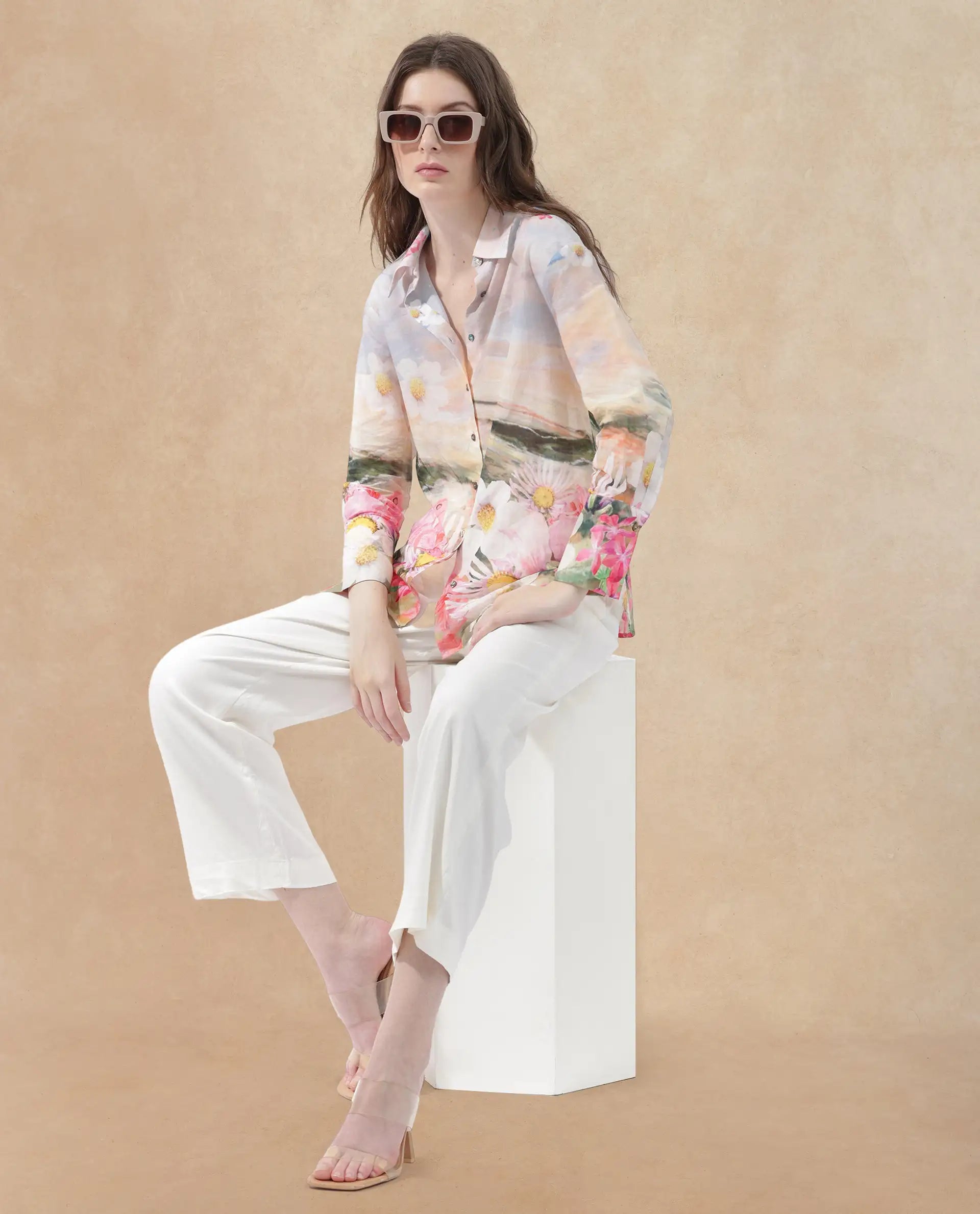 Rareism Women Cyno Multi Cotton Fabric Full Sleeve Collared Neck Floral Print Regular Length Shirt