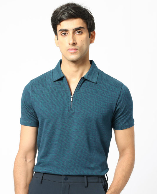 Rare Rabbit Men's Daisen Navy Cotton Fabric Collared Neck Zipper Closure Half Sleeves Textured Polo T-Shirt