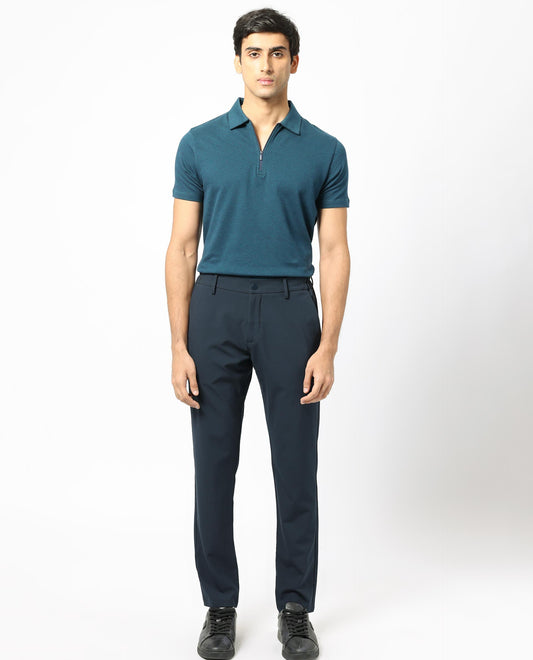 Rare Rabbit Men's Daisen Navy Cotton Fabric Collared Neck Zipper Closure Half Sleeves Textured Polo T-Shirt