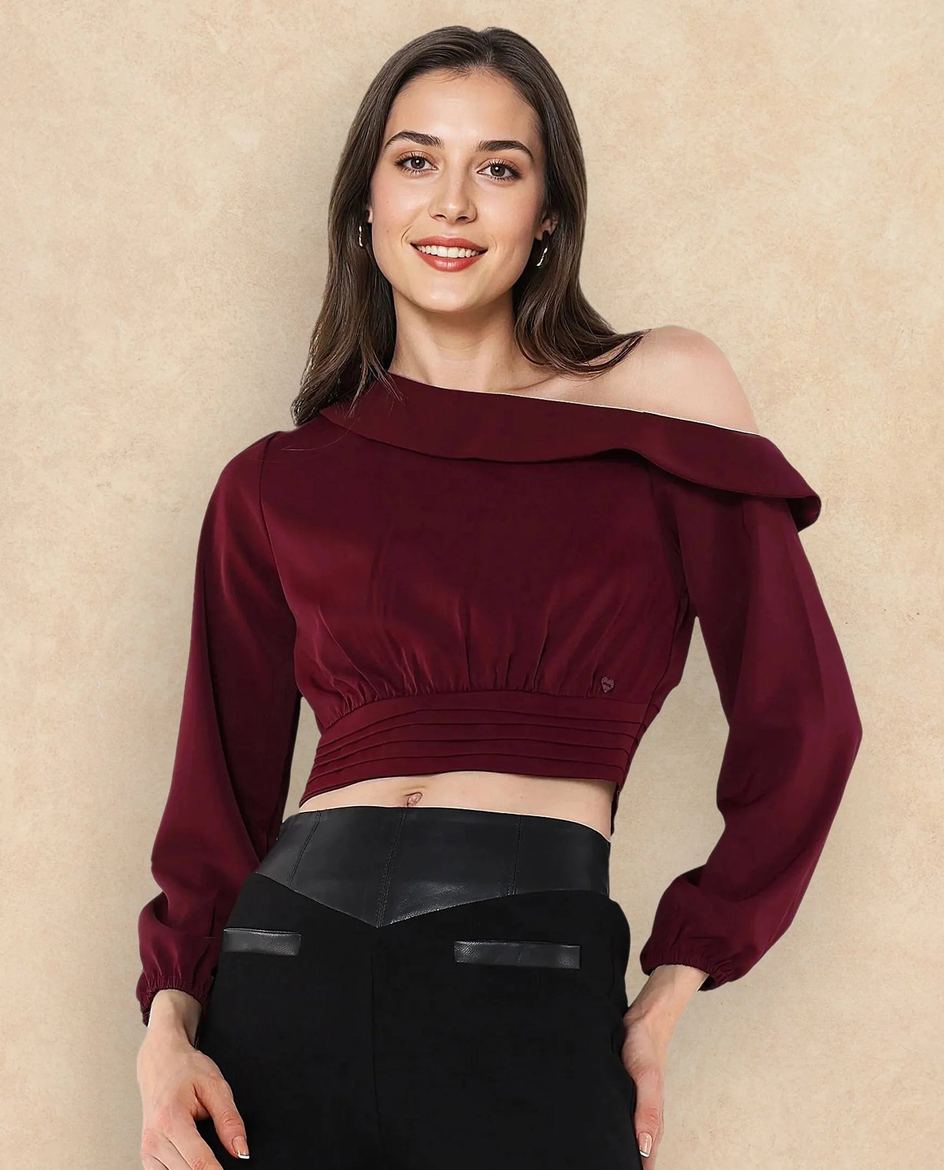 Rareism Women Darople Red Satin Bishop Sleeve One Shoulder Zipper Closure  Crop Plain Top