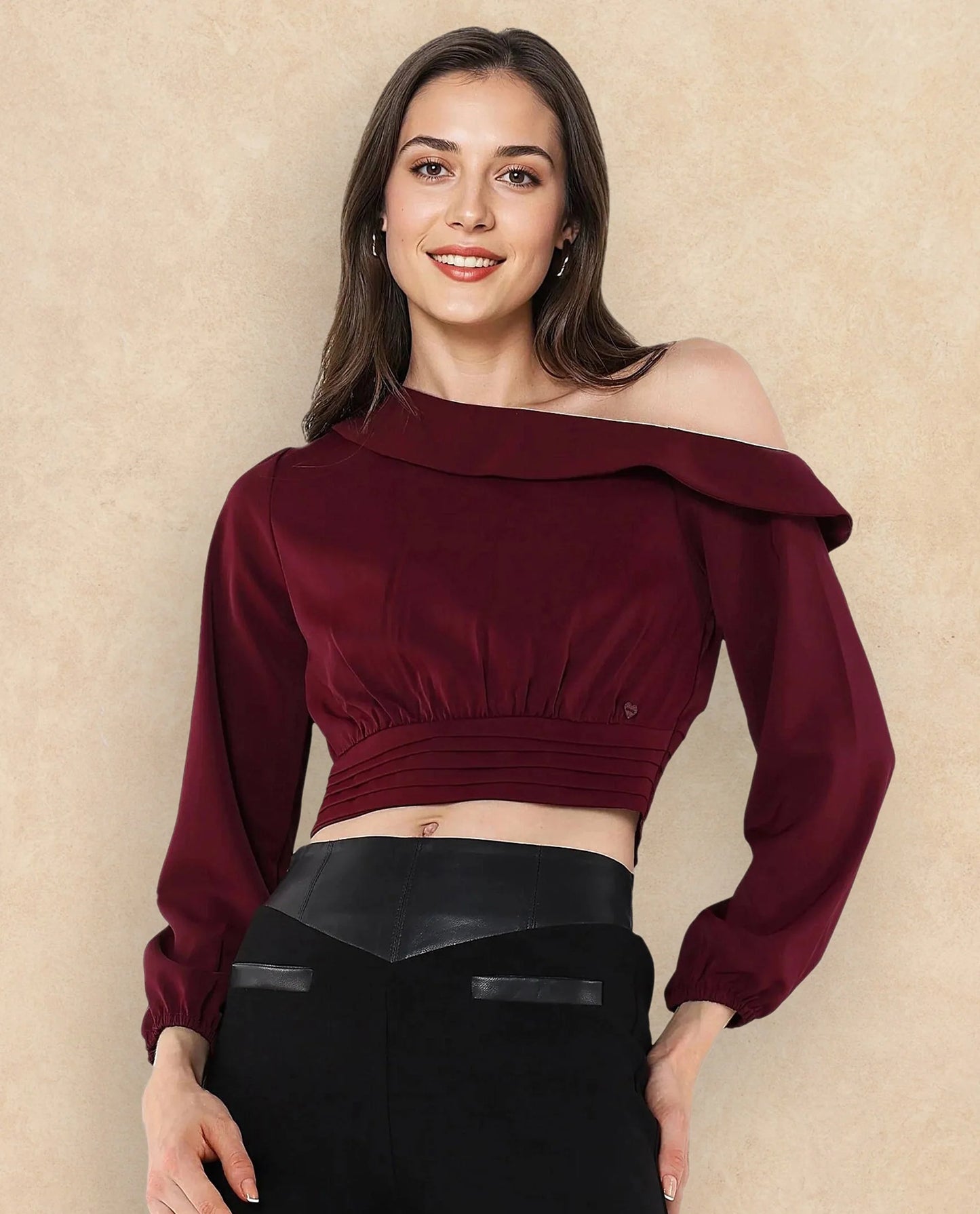 Rareism Women Darople Red Satin Bishop Sleeve One Shoulder Zipper Closure  Crop Plain Top