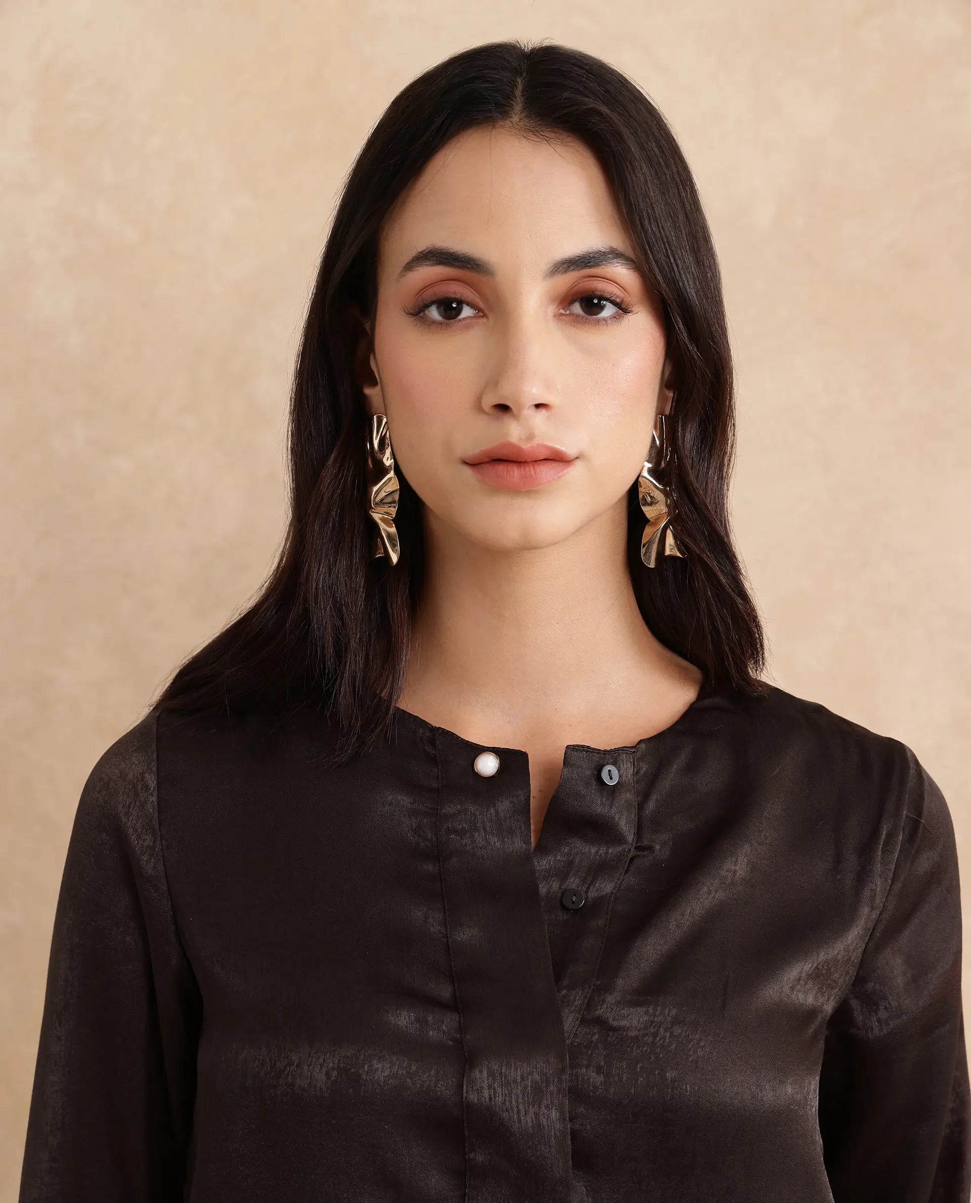 Rareism Women Daxzo Brown Velvet Regular Sleeves Round Neck Button Closure Relaxed Fit Plain Top