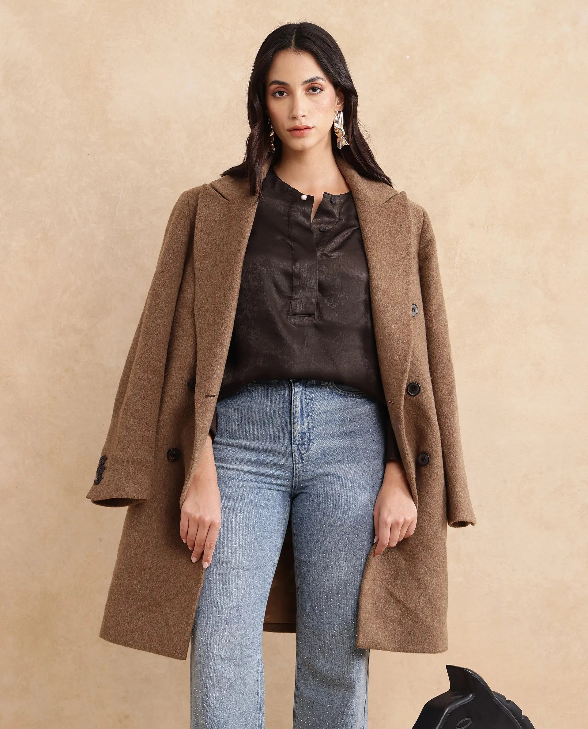 Rareism Women Daxzo Brown Velvet Regular Sleeves Round Neck Button Closure Relaxed Fit Plain Top