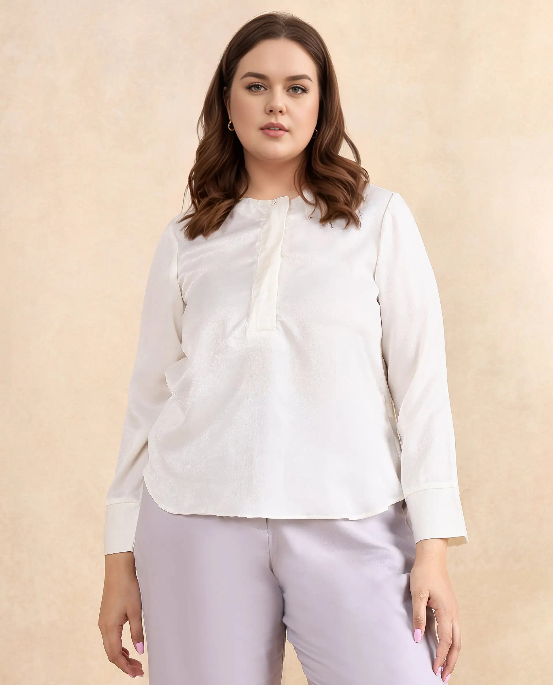 Rareism Women Daxzo Off White Velvet Regular Sleeves Round Neck Button Closure Relaxed Fit Plain Top