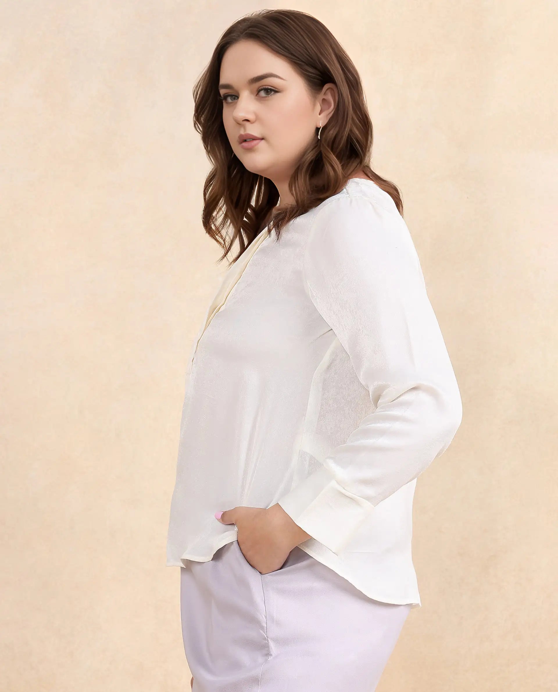 Rareism Women Daxzo Off White Velvet Regular Sleeves Round Neck Button Closure Relaxed Fit Plain Top