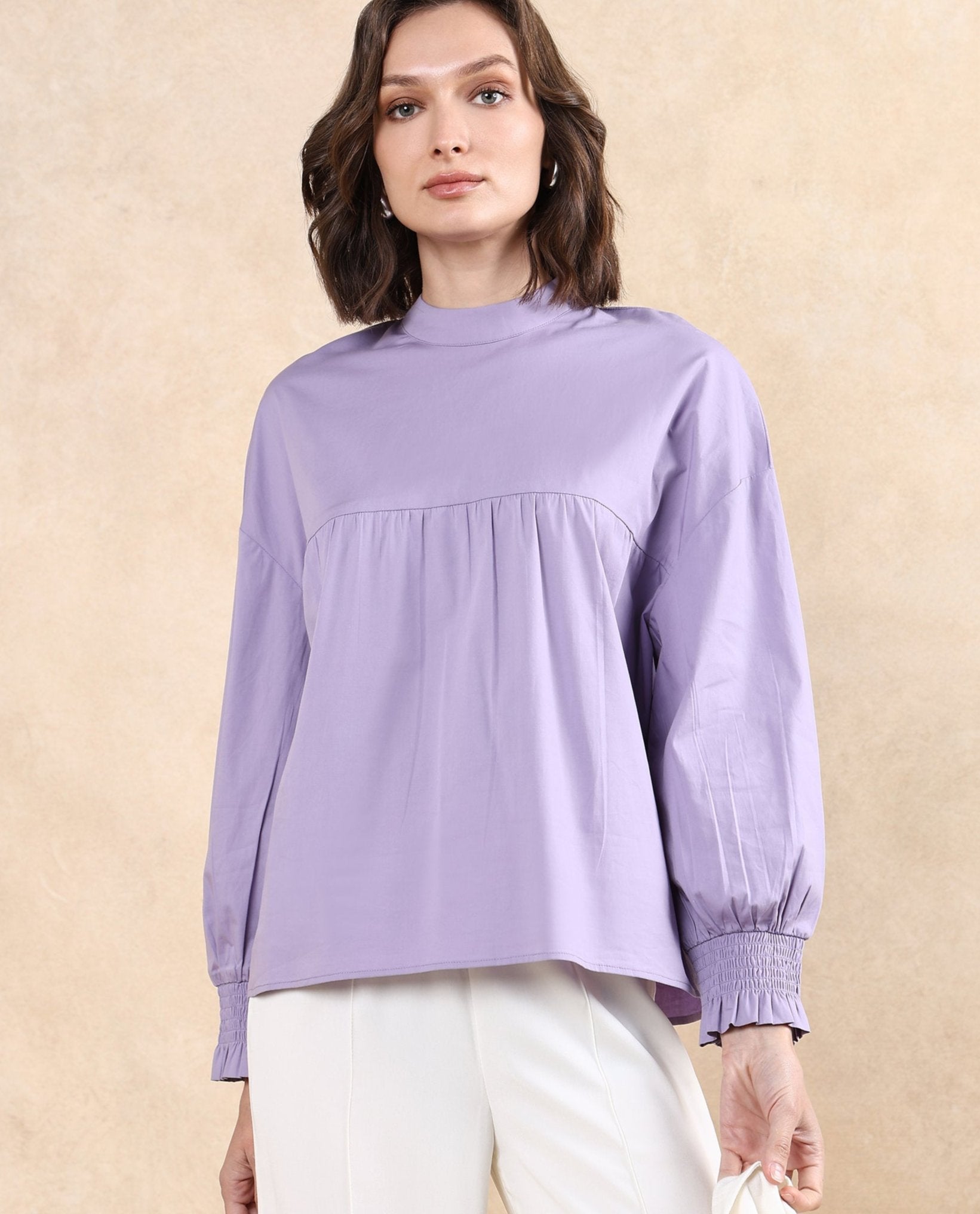 Rareism Women Delpo Dusky Purple Cotton Blend Fabric Bishop Sleeve High Neck Button Closure Relaxed Fit Plain Top