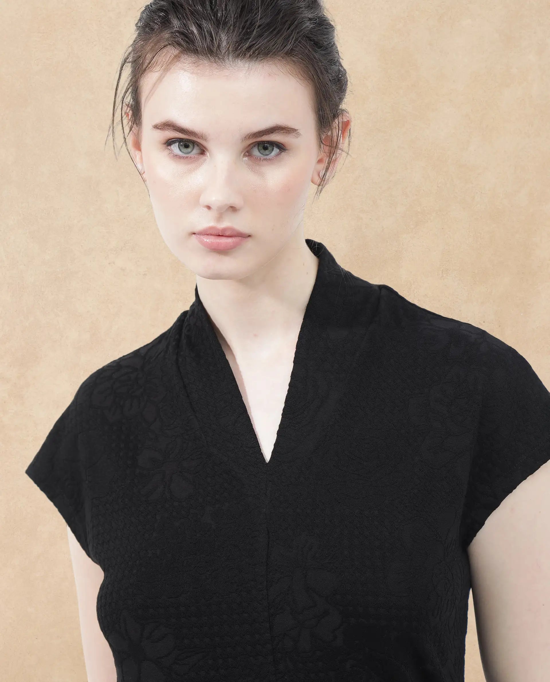 Rareism Women Deone Black Poly Viscose Elastane Fabric Regular Sleeves V-Neck  Boxy Fit Solid Top