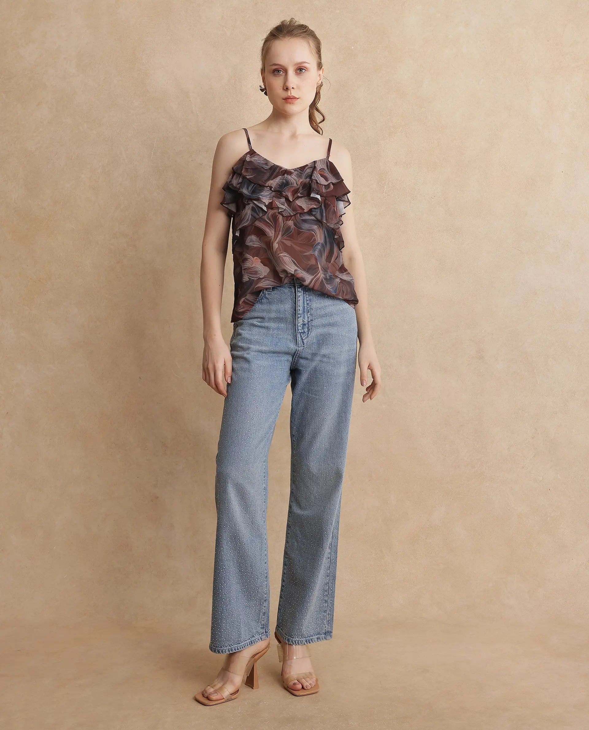 Rareism Women Difiti Multi Sleeveless V-Neck Abstract Print Top