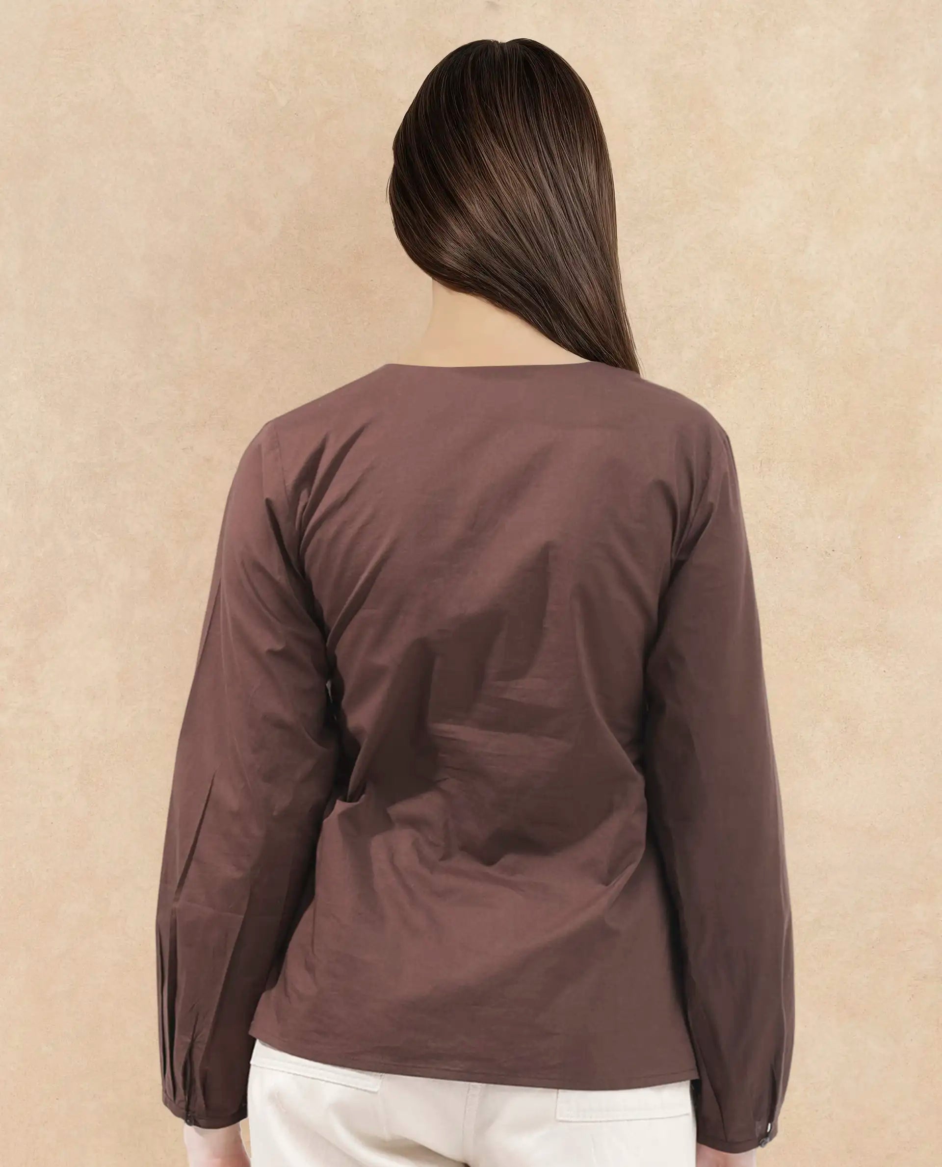 Rareism Women Dione Brown Cotton Fabric Full Sleeve Mandarin Collar Solid Regular Fit Top