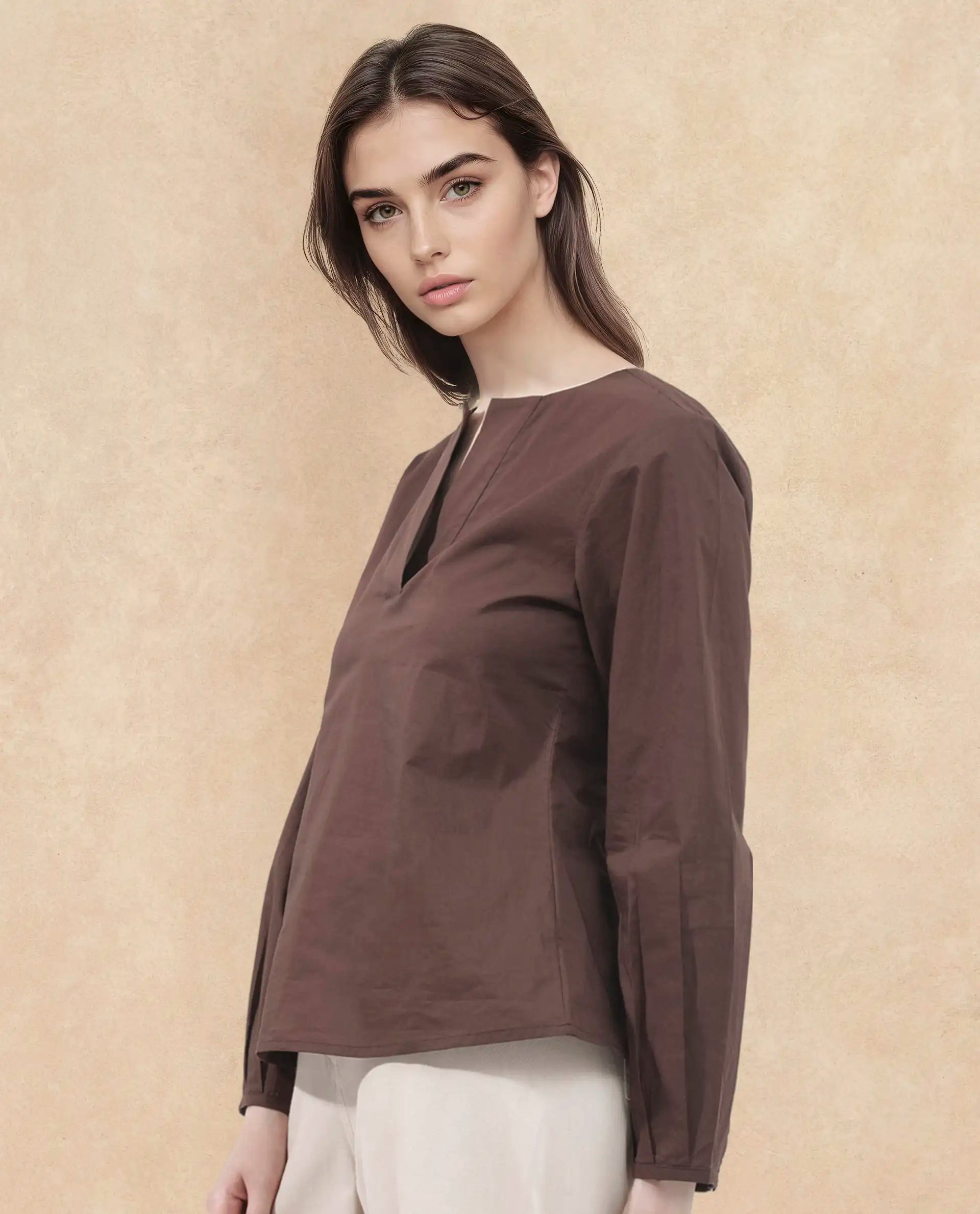 Rareism Women Dione Brown Cotton Fabric Full Sleeve Mandarin Collar Solid Regular Fit Top