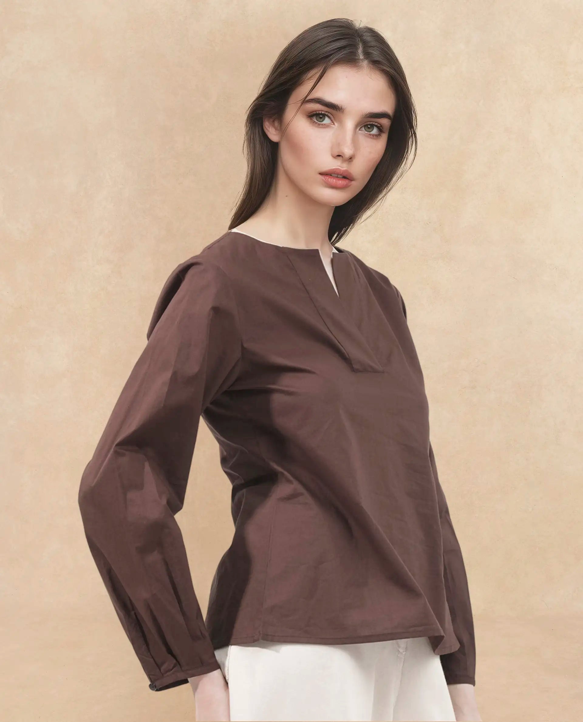 Rareism Women Dione Brown Cotton Fabric Full Sleeve Mandarin Collar Solid Regular Fit Top