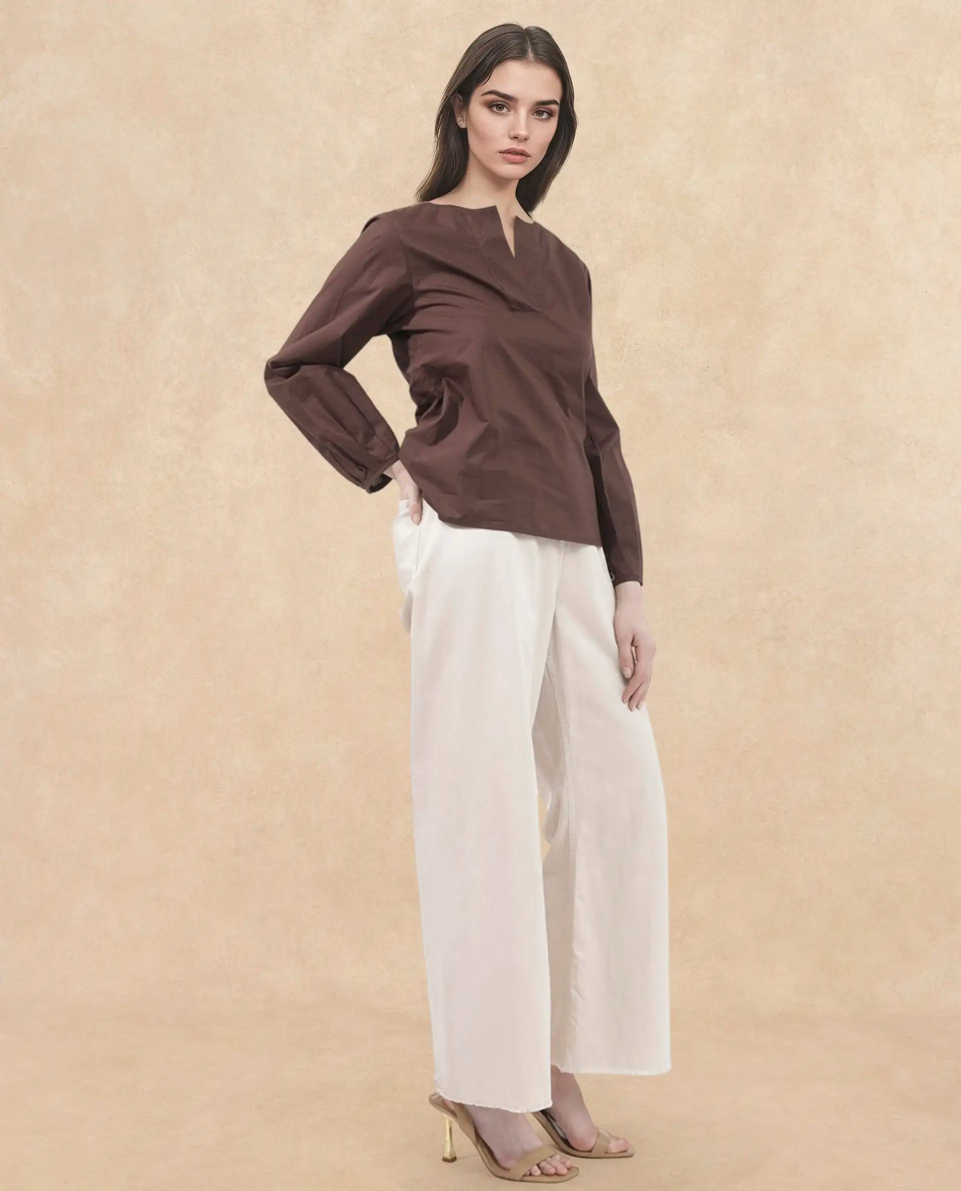 Rareism Women Dione Brown Cotton Fabric Full Sleeve Mandarin Collar Solid Regular Fit Top