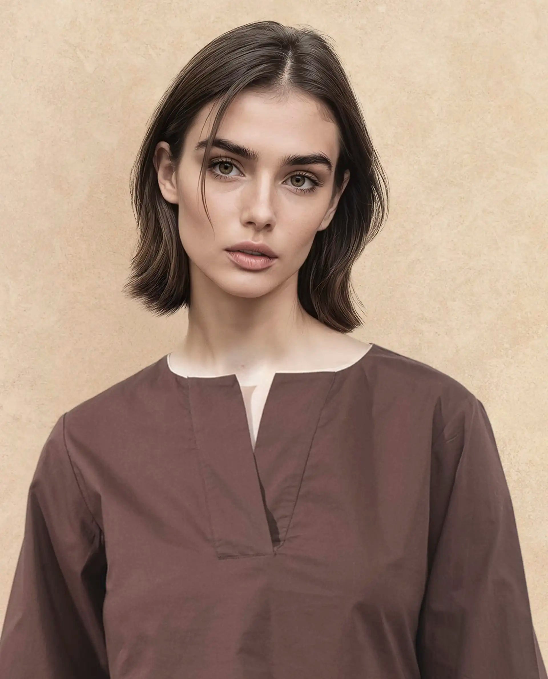 Rareism Women Dione Brown Cotton Fabric Full Sleeve Mandarin Collar Solid Regular Fit Top