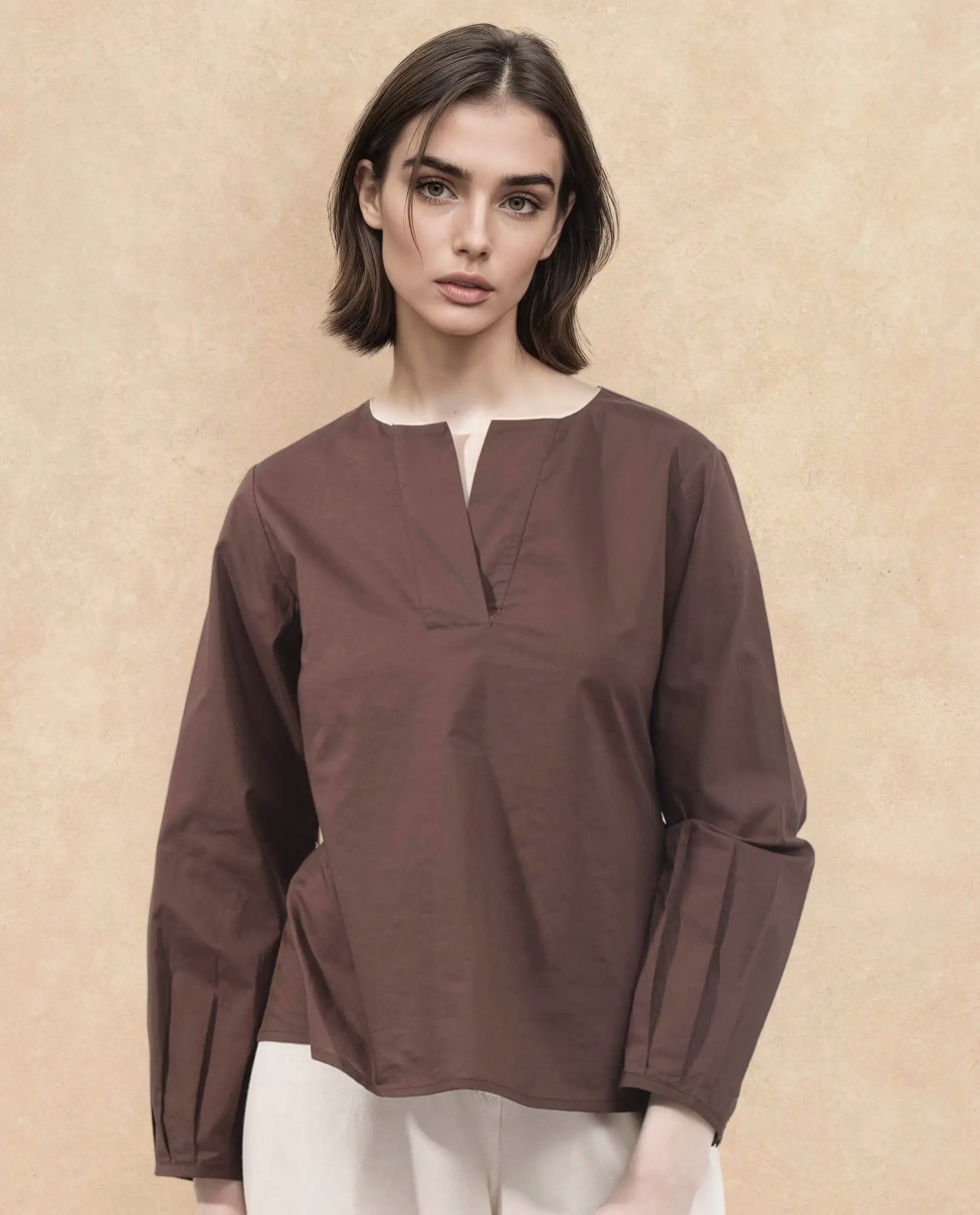 Rareism Women Dione Brown Cotton Fabric Full Sleeve Mandarin Collar Solid Regular Fit Top