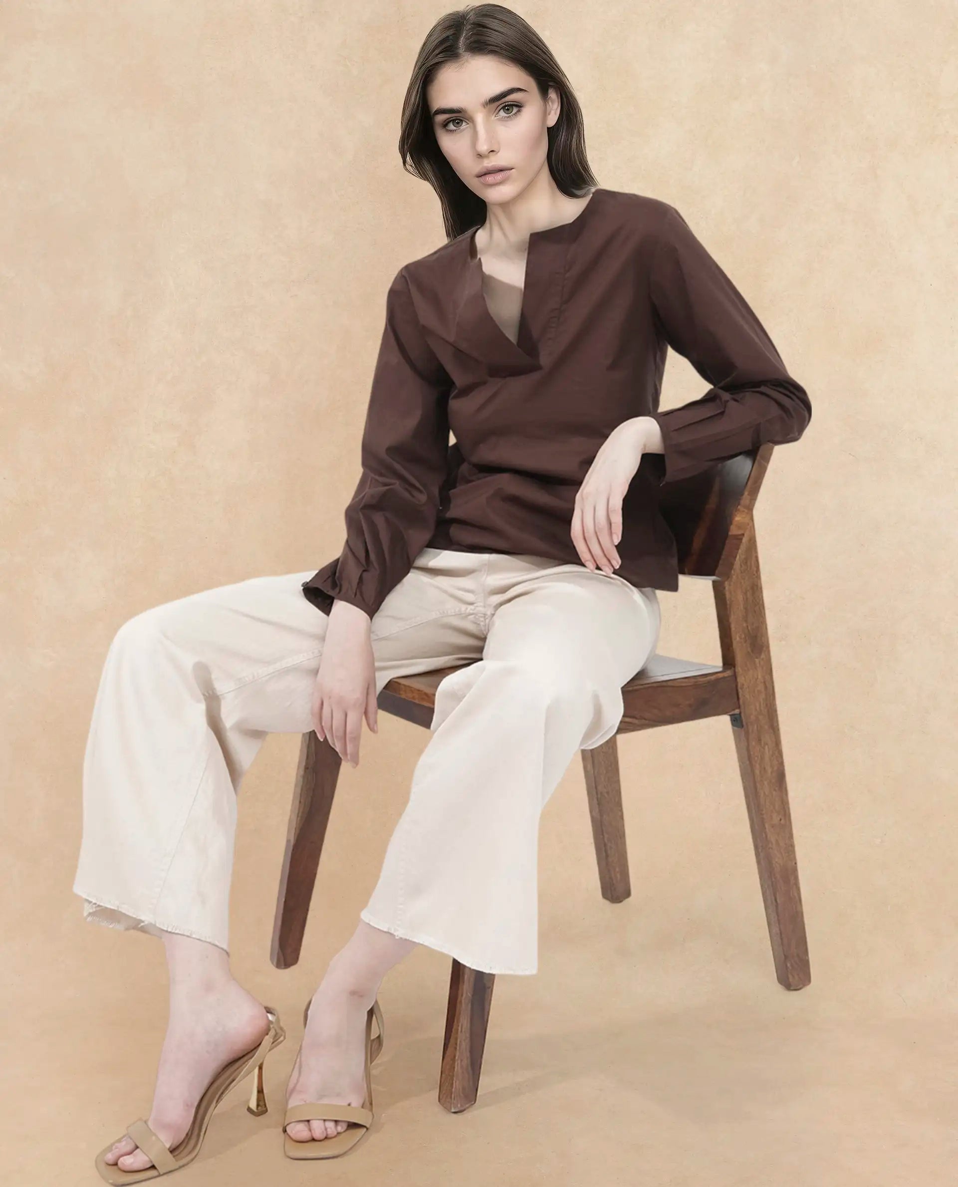 Rareism Women Dione Brown Cotton Fabric Full Sleeve Mandarin Collar Solid Regular Fit Top