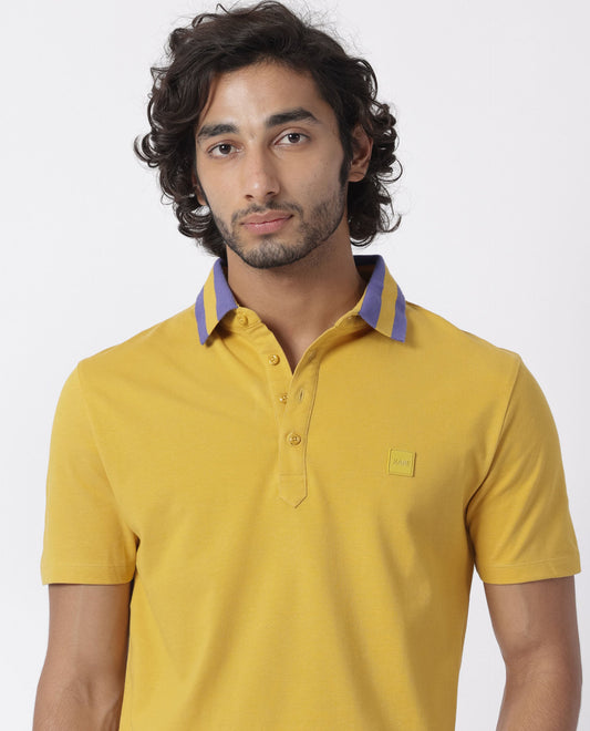 Rare Rabbit Men's Divide Mustard Cotton Fabric Striped Collar Half Sleeves Polo T-Shirt