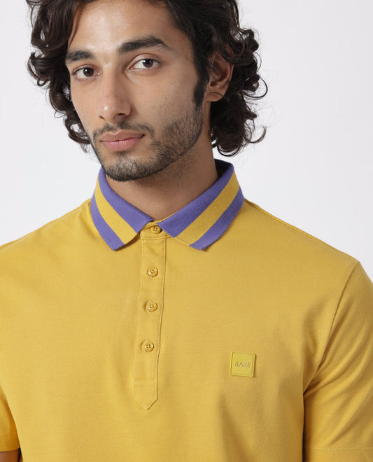 Rare Rabbit Men's Divide Mustard Cotton Fabric Striped Collar Half Sleeves Polo T-Shirt