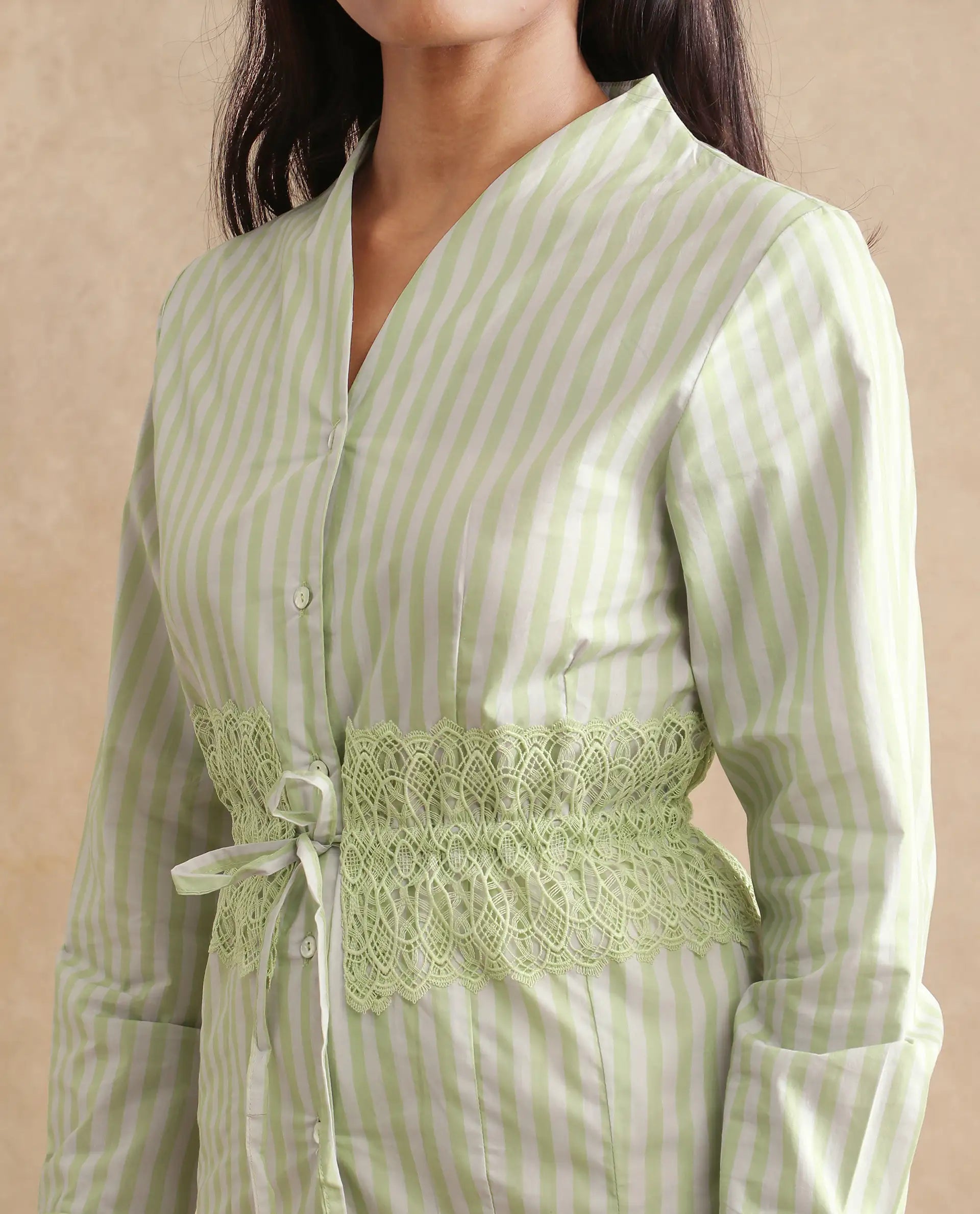 Rareism Women Dooze Light Green Cuffed Sleeve V-Neck Button Narrow Stripes Top