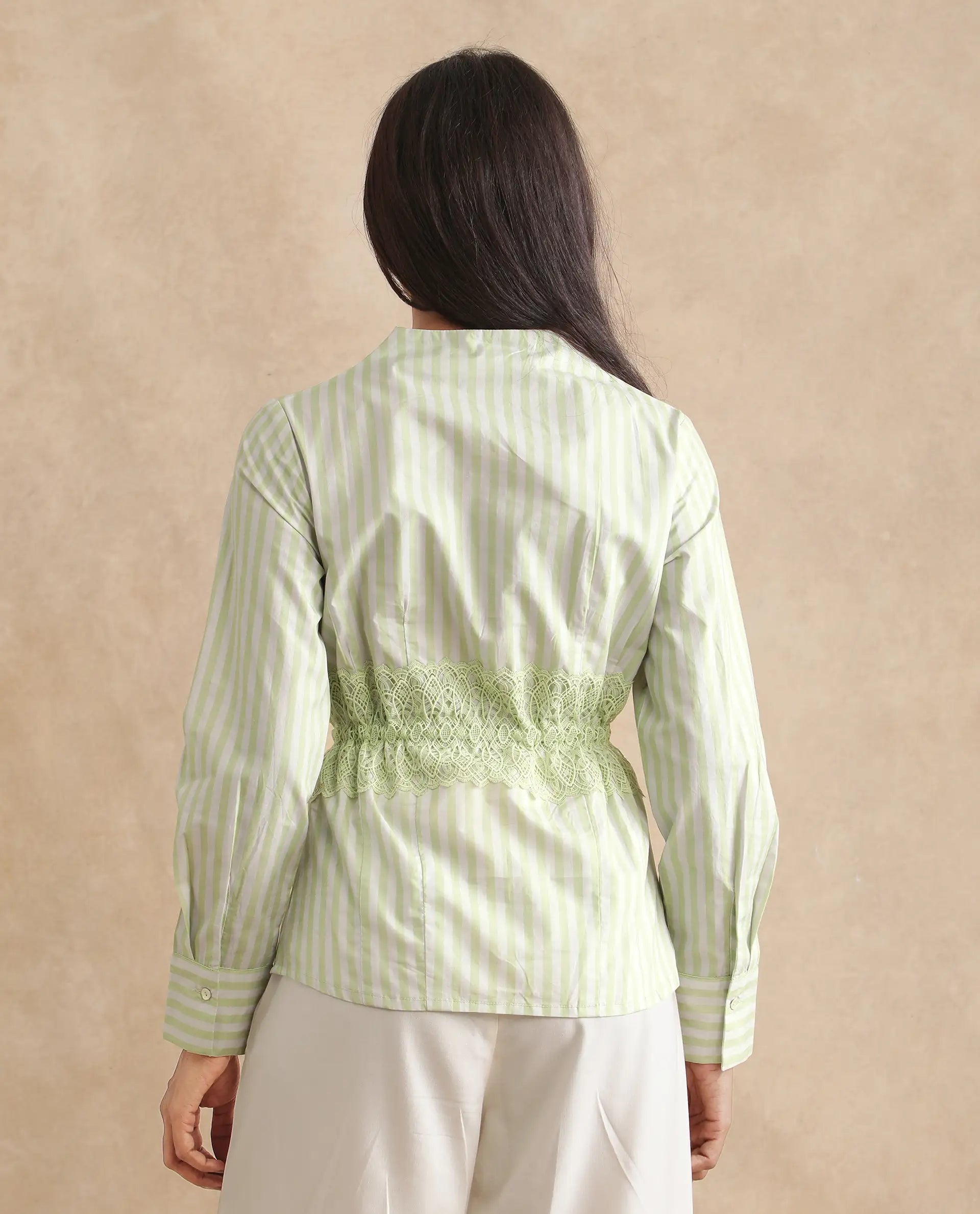 Rareism Women Dooze Light Green Cuffed Sleeve V-Neck Button Narrow Stripes Top