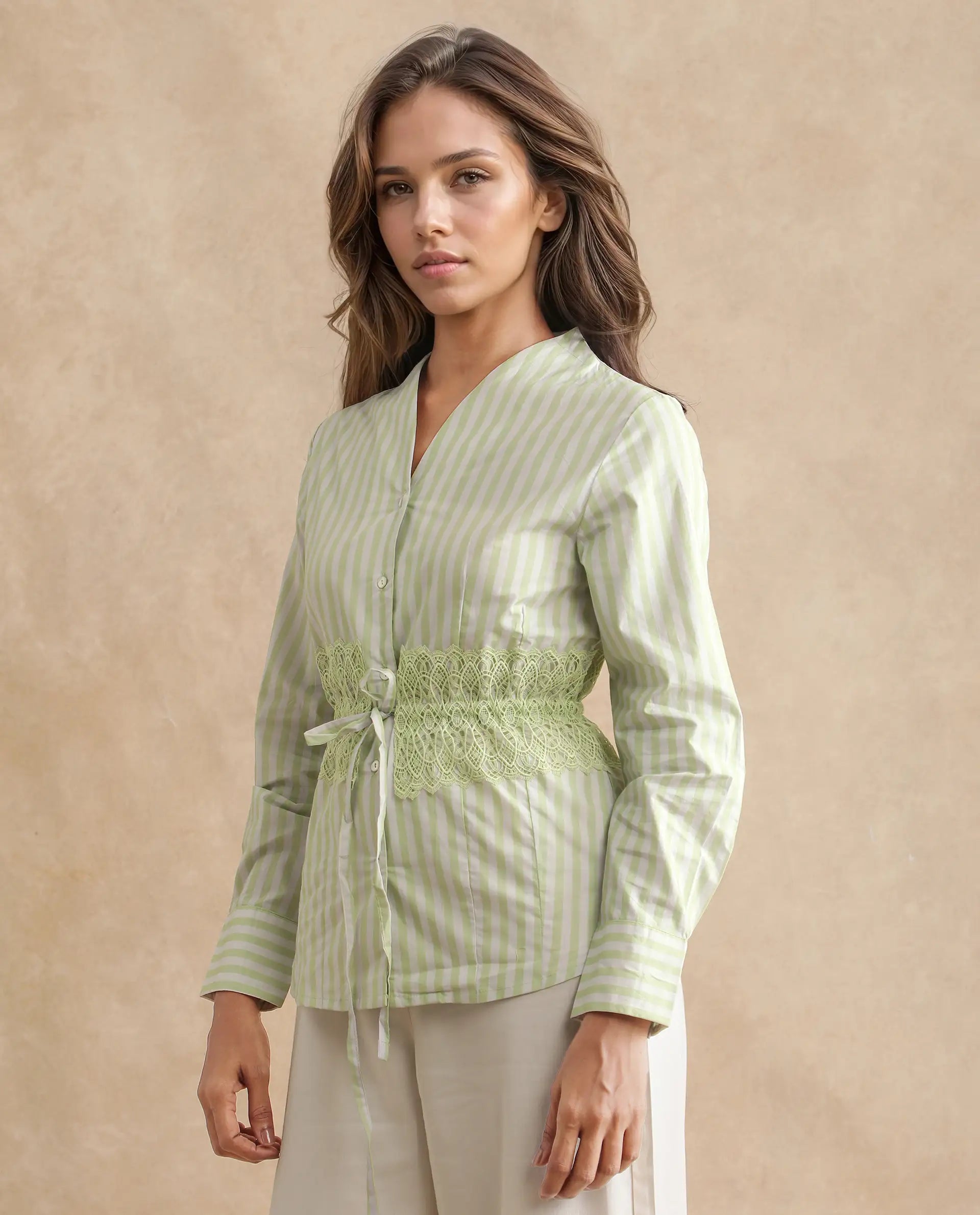 Rareism Women Dooze Light Green Cuffed Sleeve V-Neck Button Narrow Stripes Top