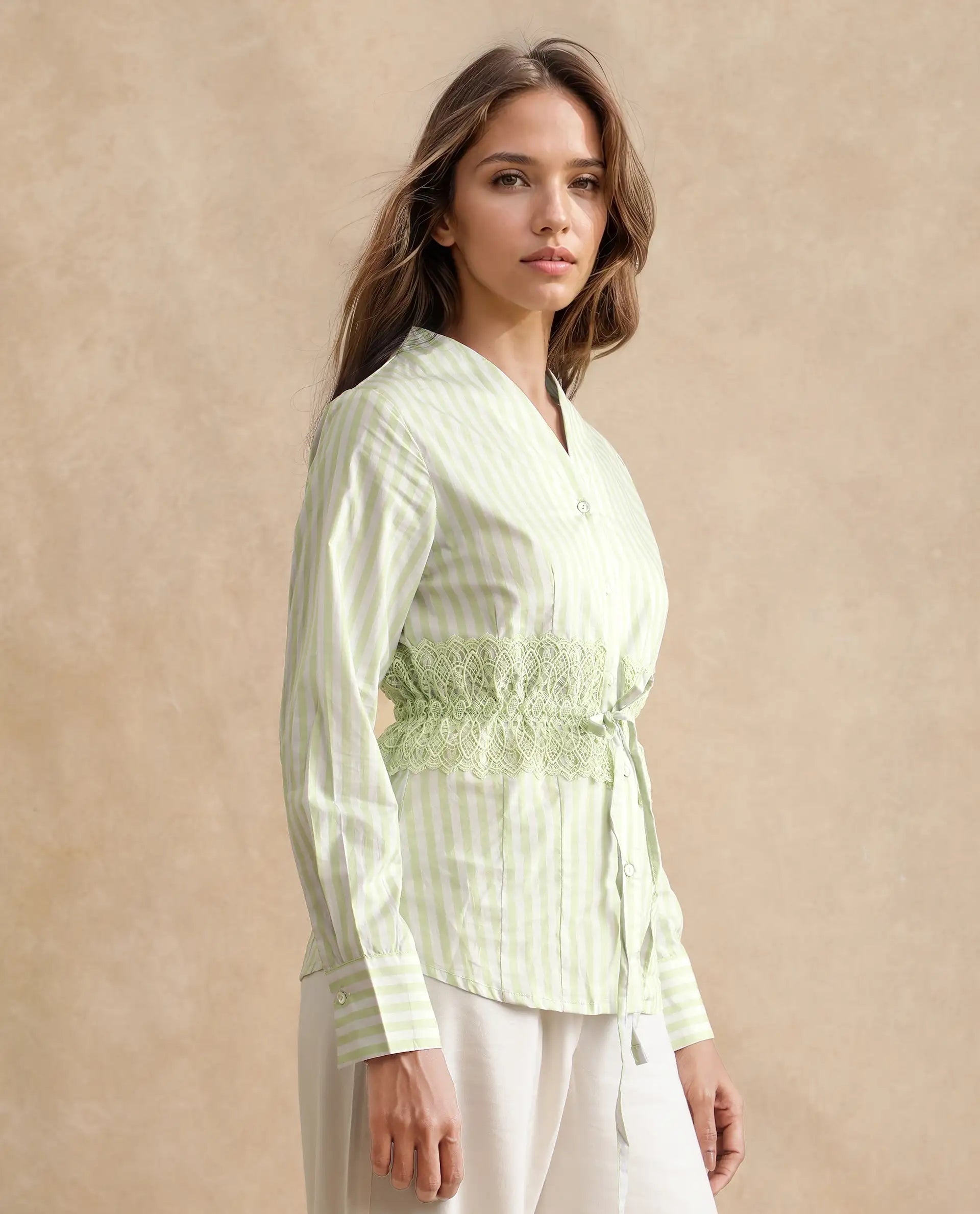 Rareism Women Dooze Light Green Cuffed Sleeve V-Neck Button Narrow Stripes Top