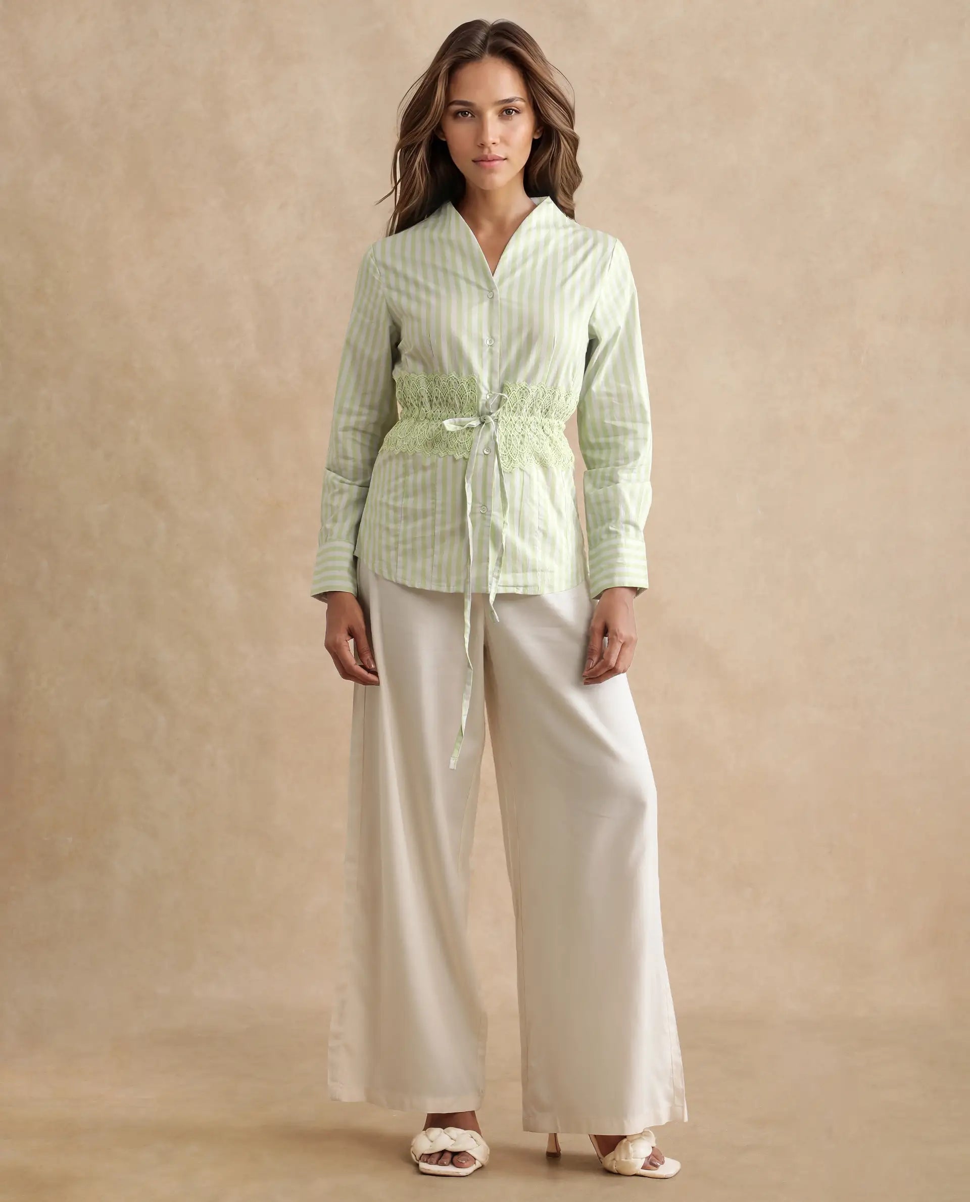 Rareism Women Dooze Light Green Cuffed Sleeve V-Neck Button Narrow Stripes Top