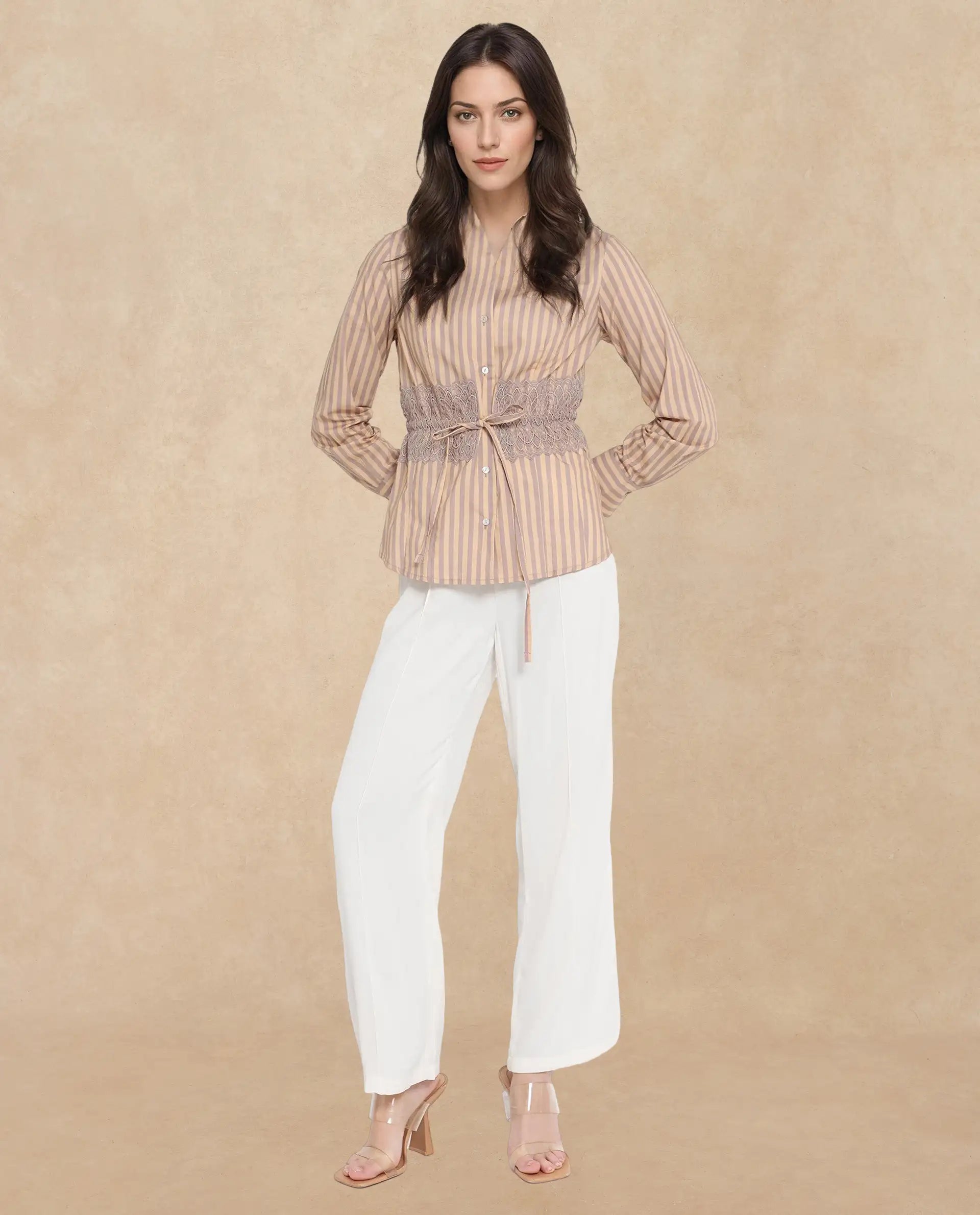 Rareism Women Dooze Tan Cuffed Sleeve V-Neck Button Narrow Stripes Top