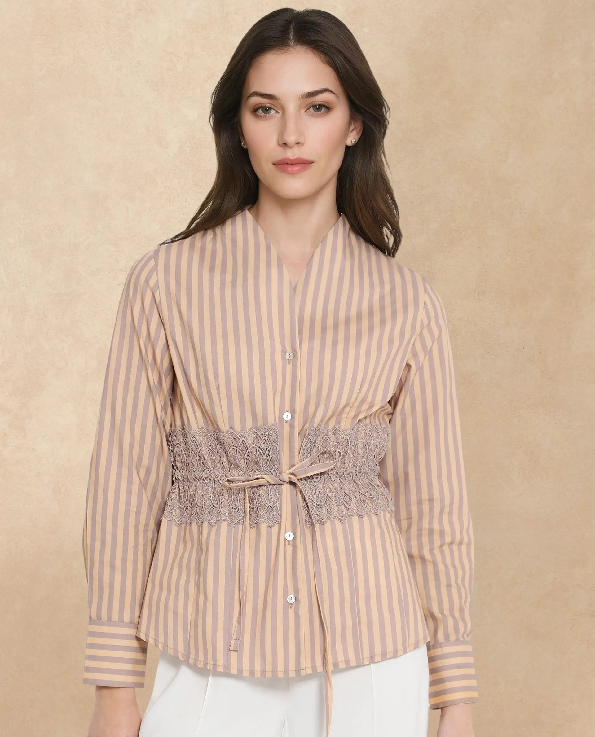 Rareism Women Dooze Tan Cuffed Sleeve V-Neck Button Narrow Stripes Top