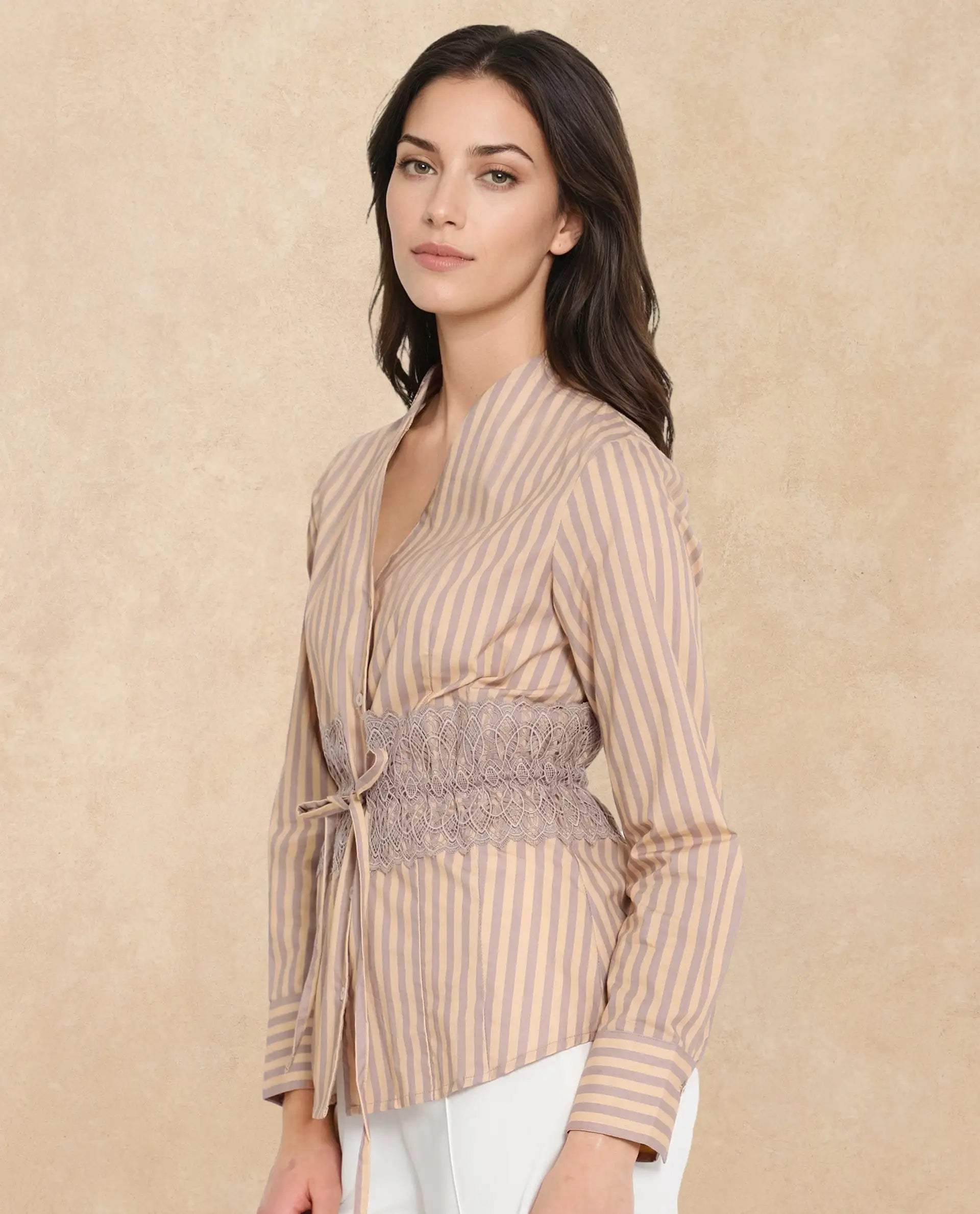 Rareism Women Dooze Tan Cuffed Sleeve V-Neck Button Narrow Stripes Top