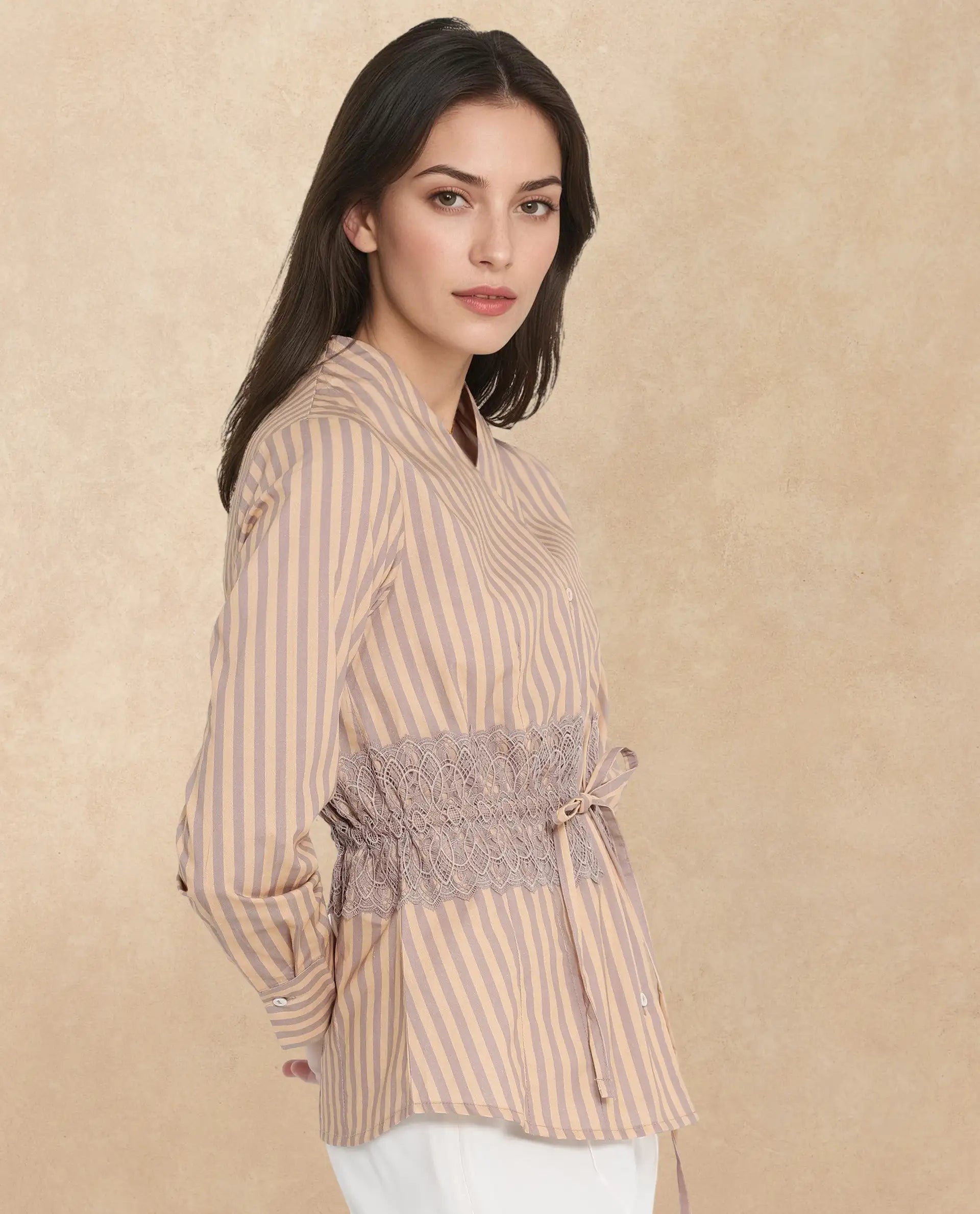 Rareism Women Dooze Tan Cuffed Sleeve V-Neck Button Narrow Stripes Top