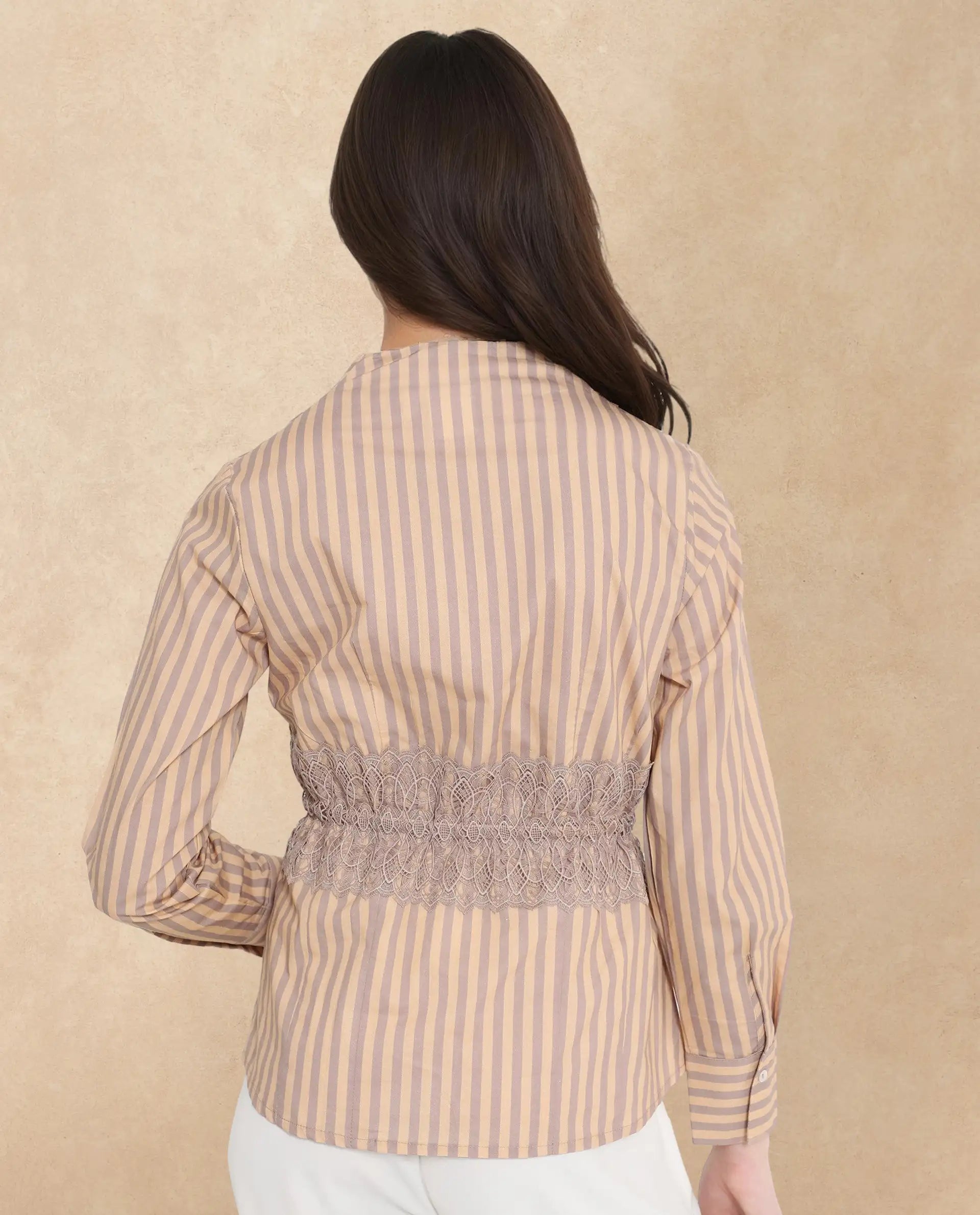 Rareism Women Dooze Tan Cuffed Sleeve V-Neck Button Narrow Stripes Top