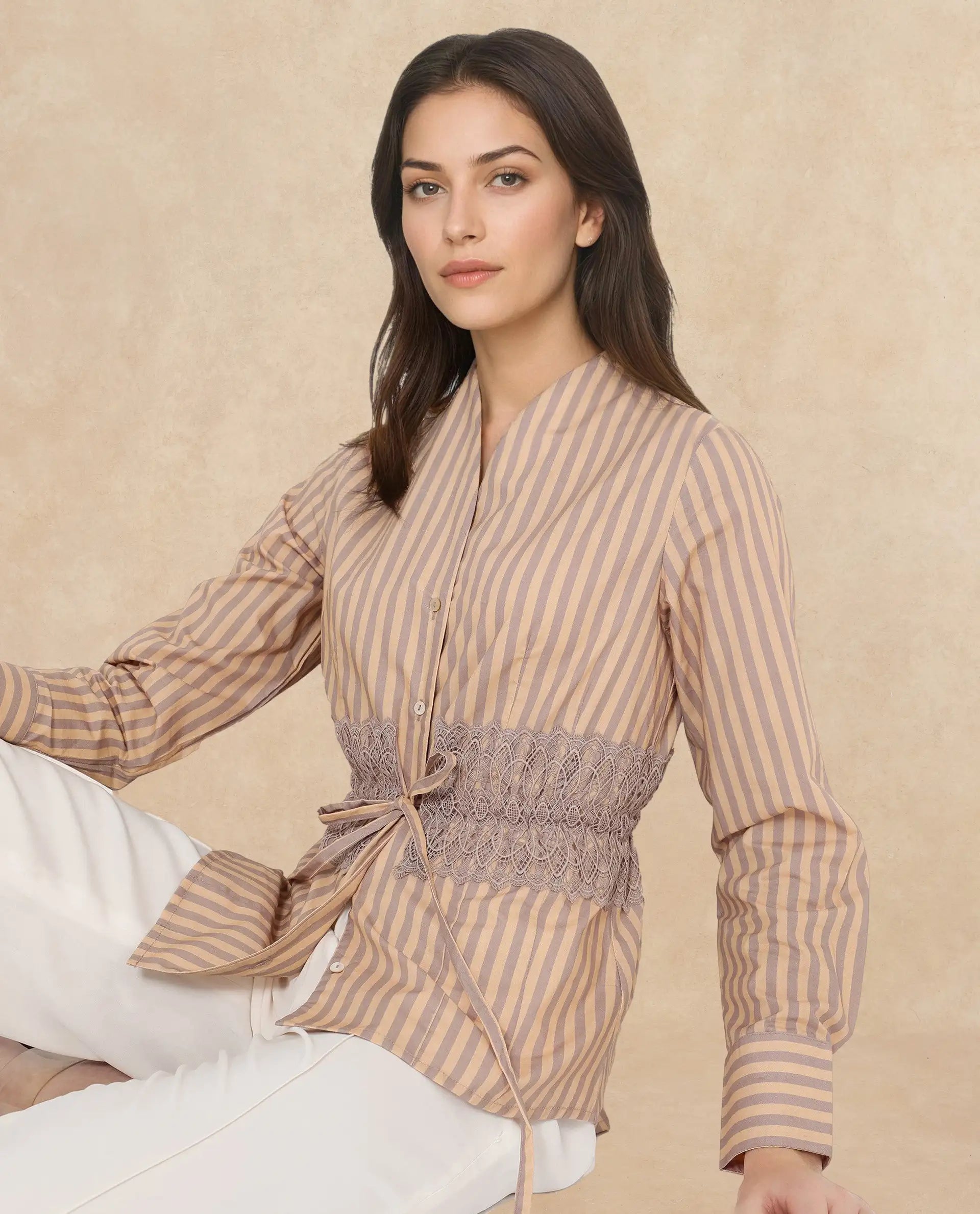 Rareism Women Dooze Tan Cuffed Sleeve V-Neck Button Narrow Stripes Top