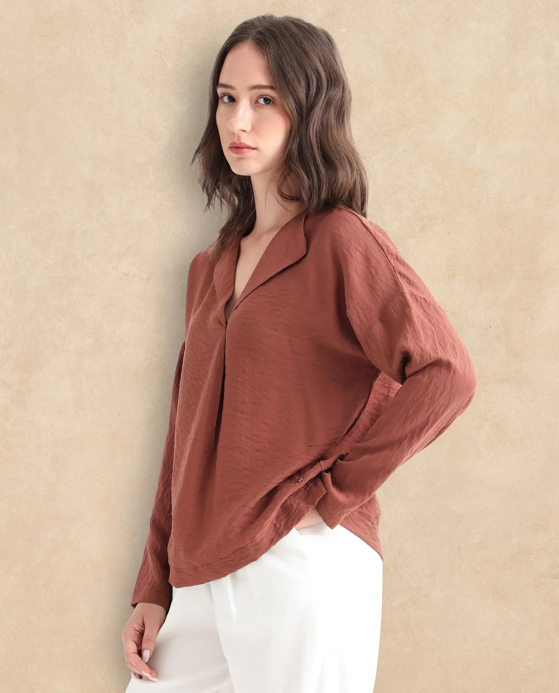 Rareism Women Drap Brown Viscose Nylon Fabric Full Sleeves Lapel Neck Relaxed Fit Plain Top