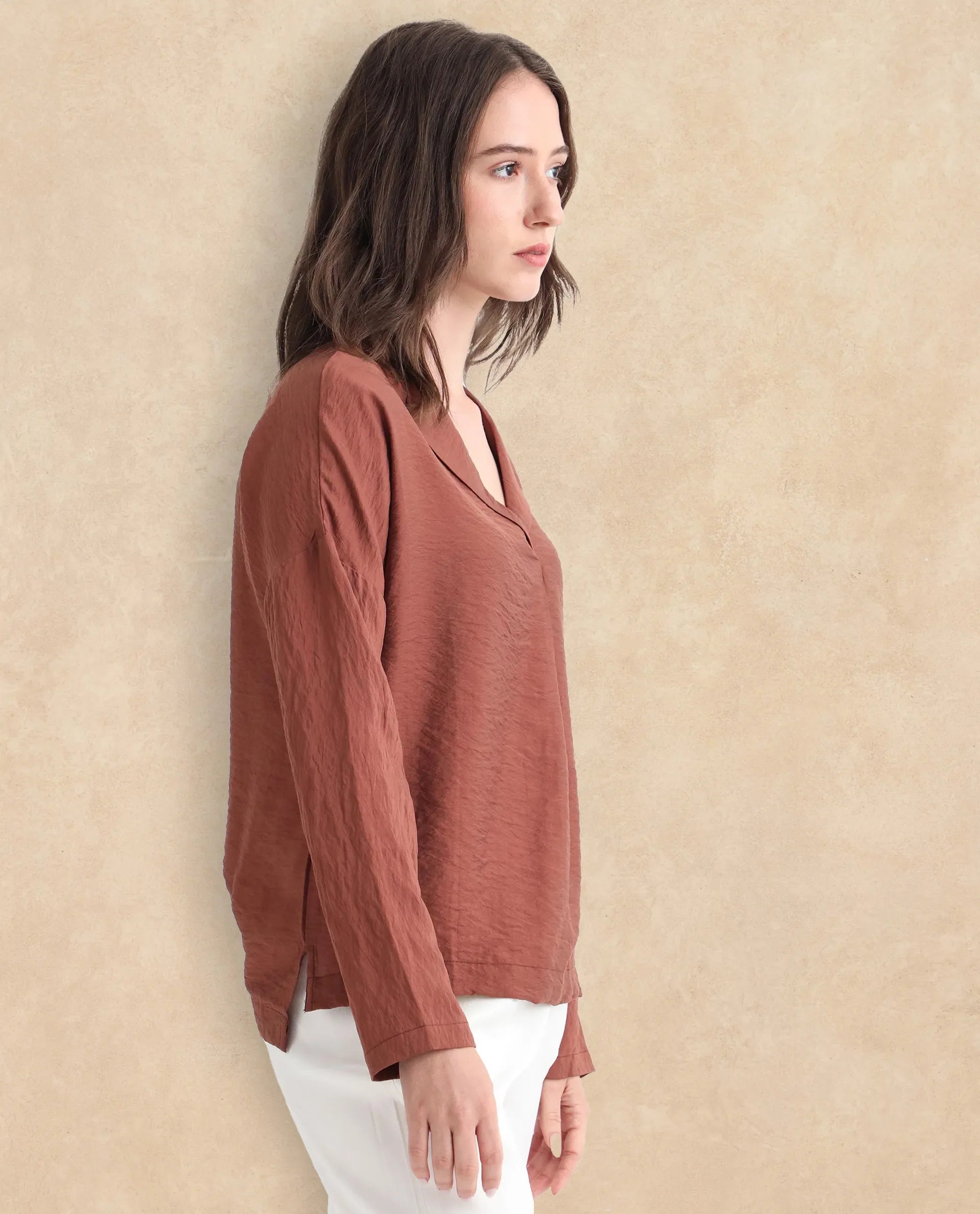 Rareism Women Drap Brown Viscose Nylon Fabric Full Sleeves Lapel Neck Relaxed Fit Plain Top