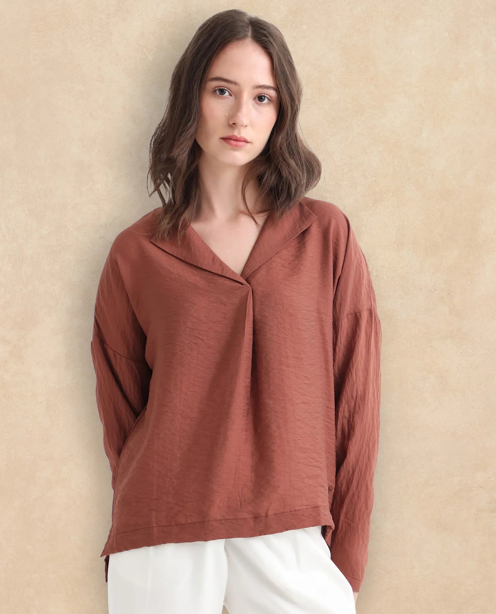 Rareism Women Drap Brown Viscose Nylon Fabric Full Sleeves Lapel Neck Relaxed Fit Plain Top