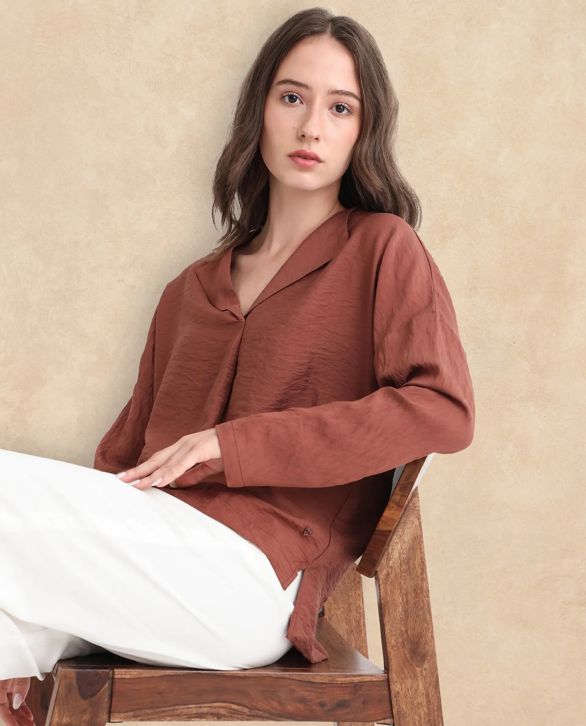 Rareism Women Drap Brown Viscose Nylon Fabric Full Sleeves Lapel Neck Relaxed Fit Plain Top
