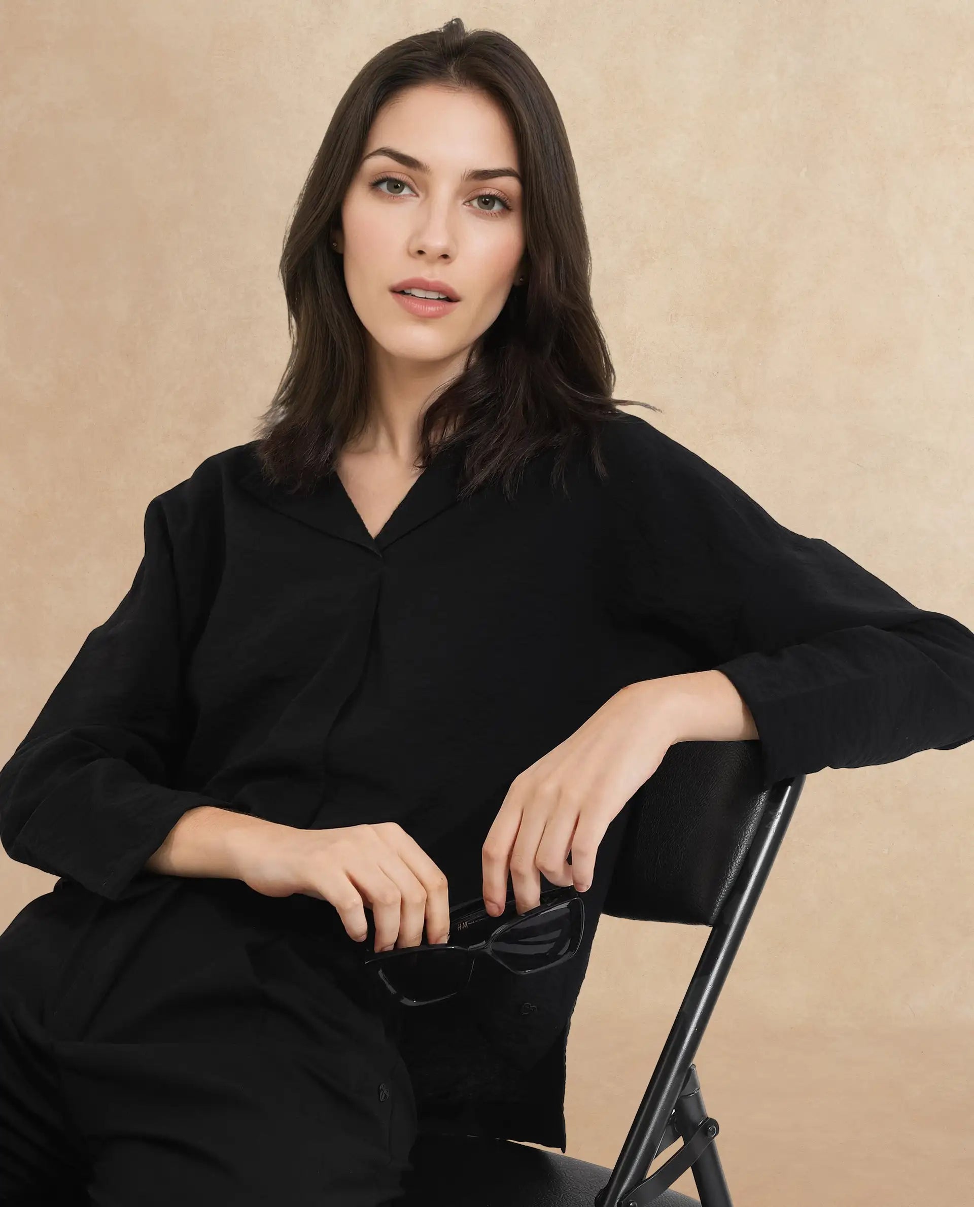 Rareism Women Drap Black Full Sleeve Lapel Collar Relaxed Fit Plain Top