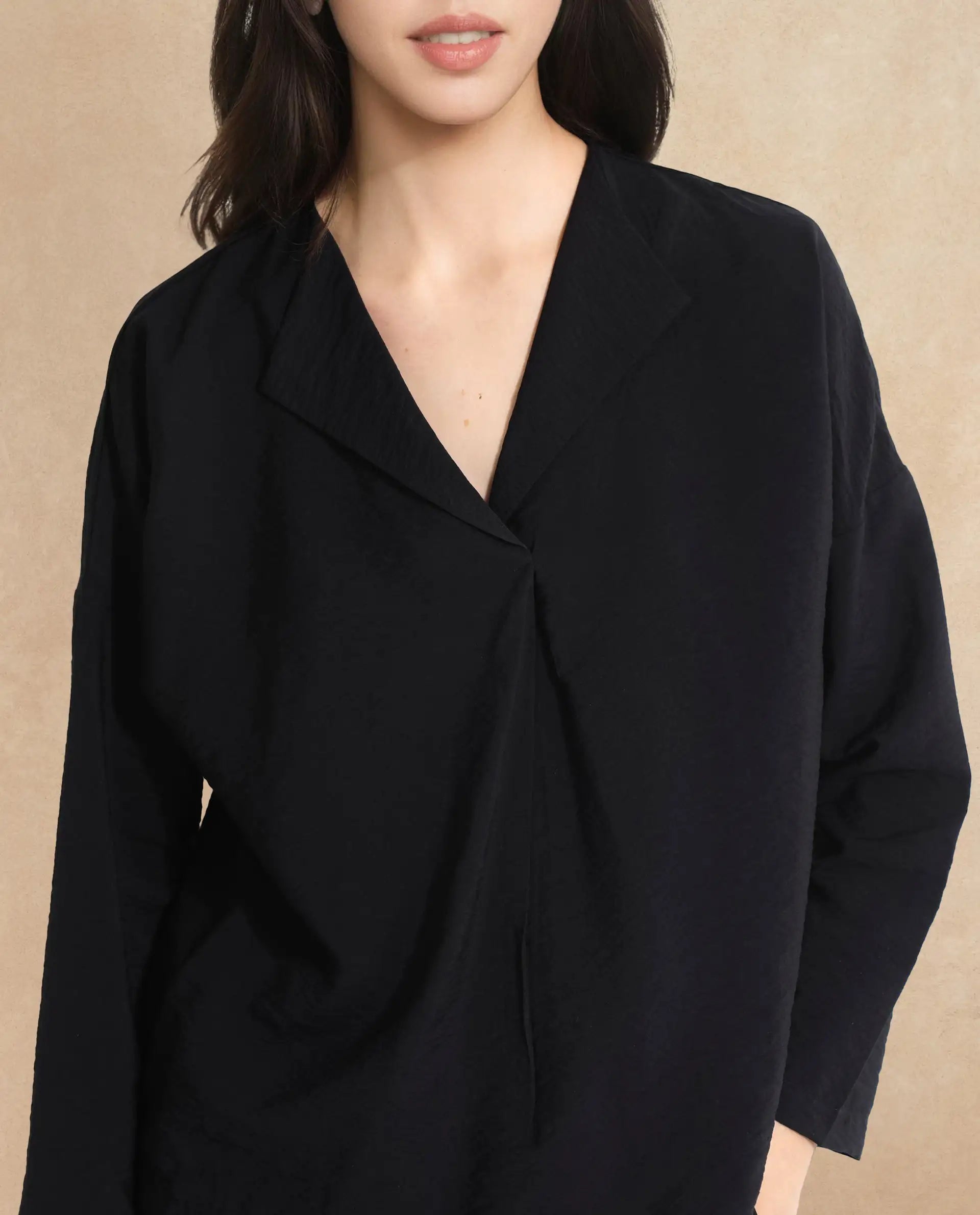 Rareism Women Drap Black Full Sleeve Lapel Collar Relaxed Fit Plain Top