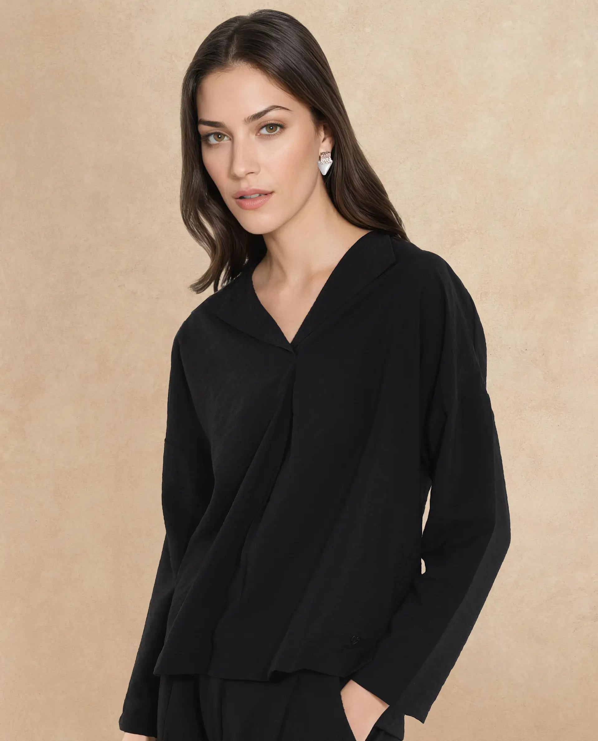 Rareism Women Drap Black Full Sleeve Lapel Collar Relaxed Fit Plain Top