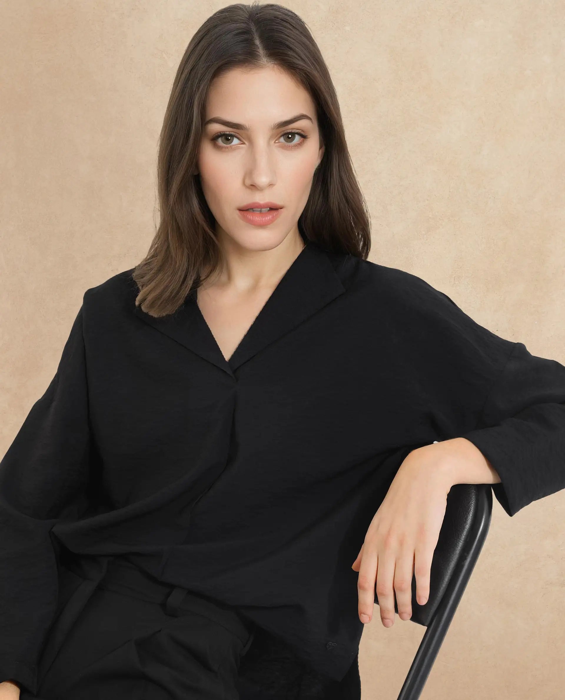 Rareism Women Drap Black Full Sleeve Lapel Collar Relaxed Fit Plain Top