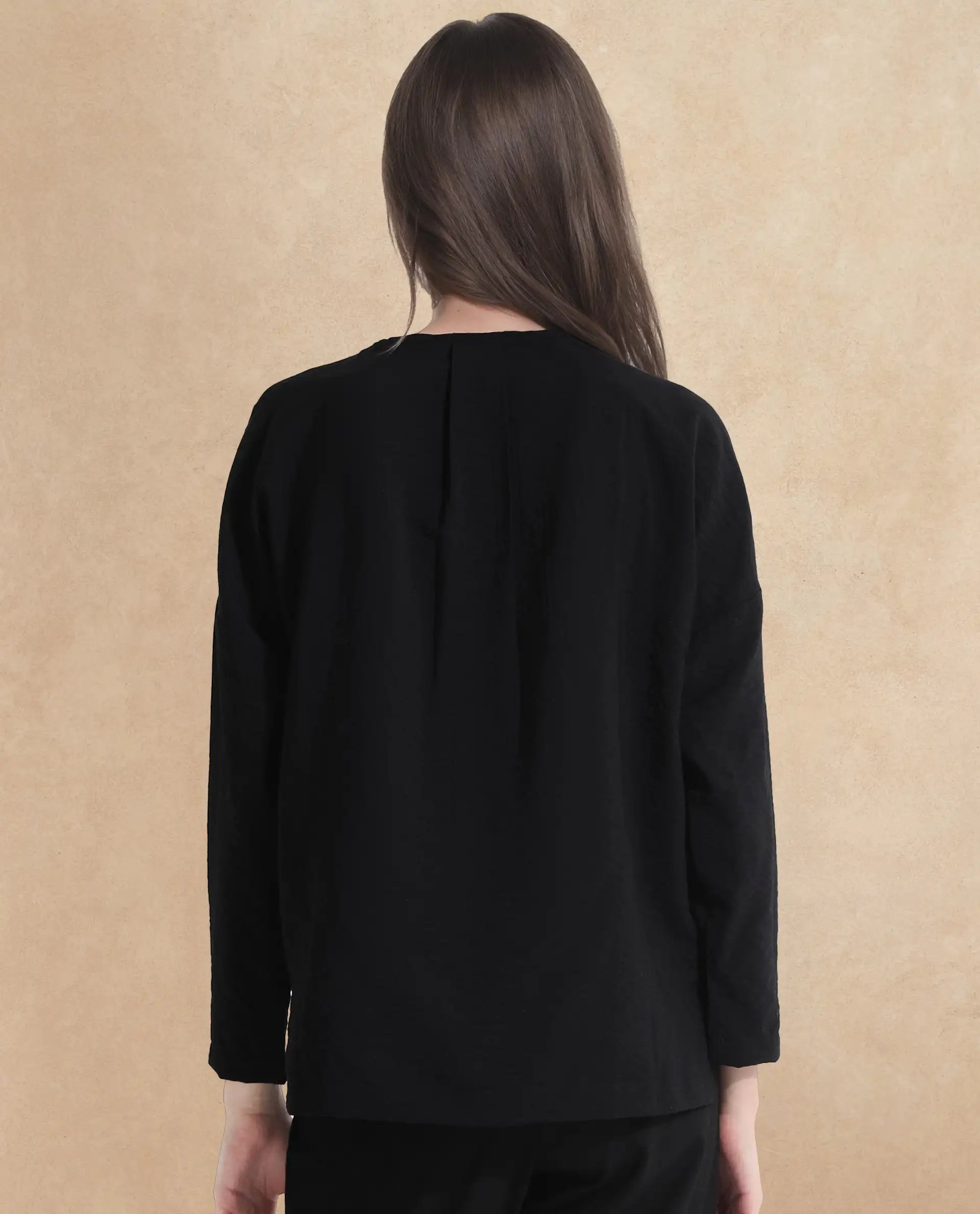 Rareism Women Drap Black Full Sleeve Lapel Collar Relaxed Fit Plain Top