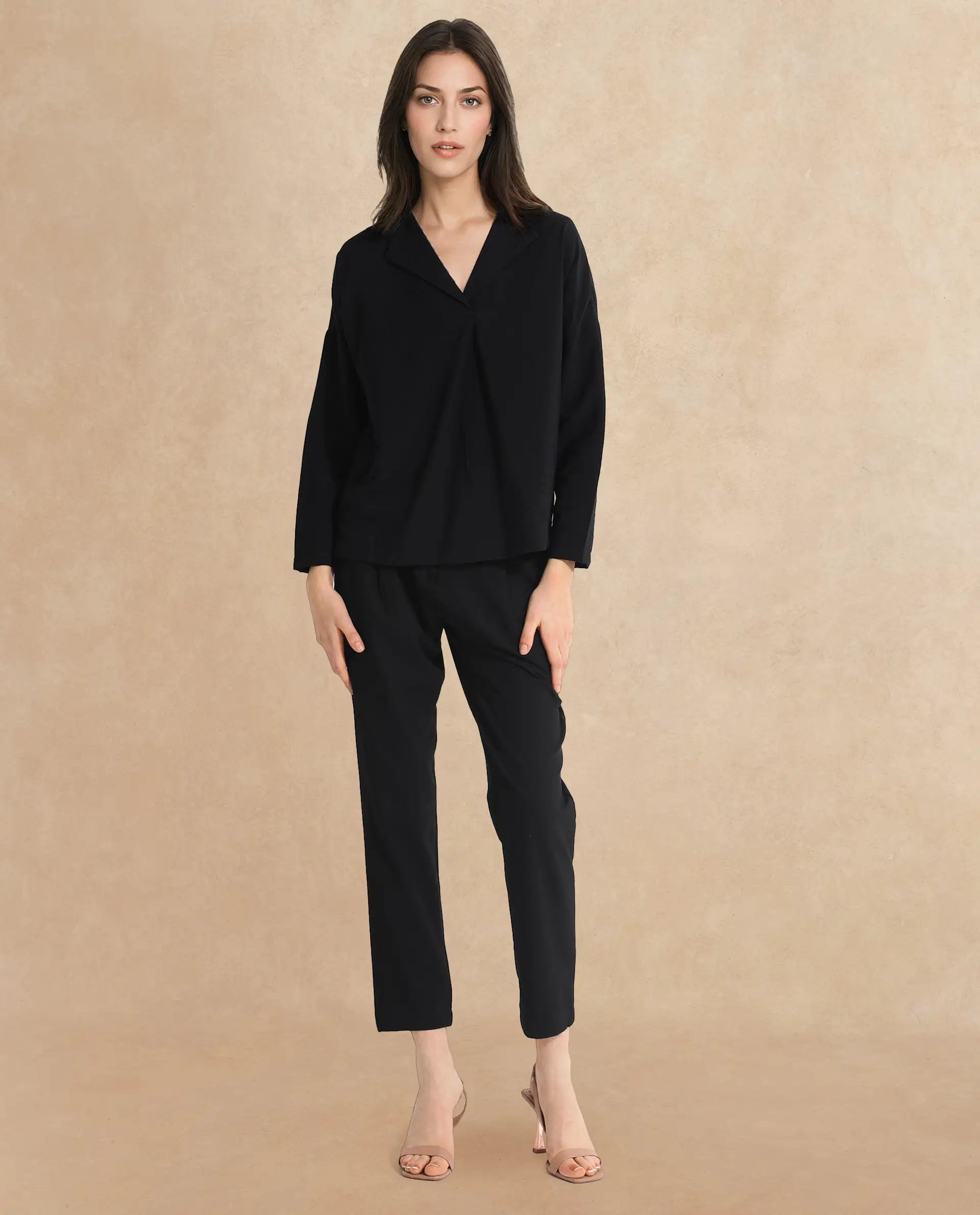 Rareism Women Drap Black Full Sleeve Lapel Collar Relaxed Fit Plain Top