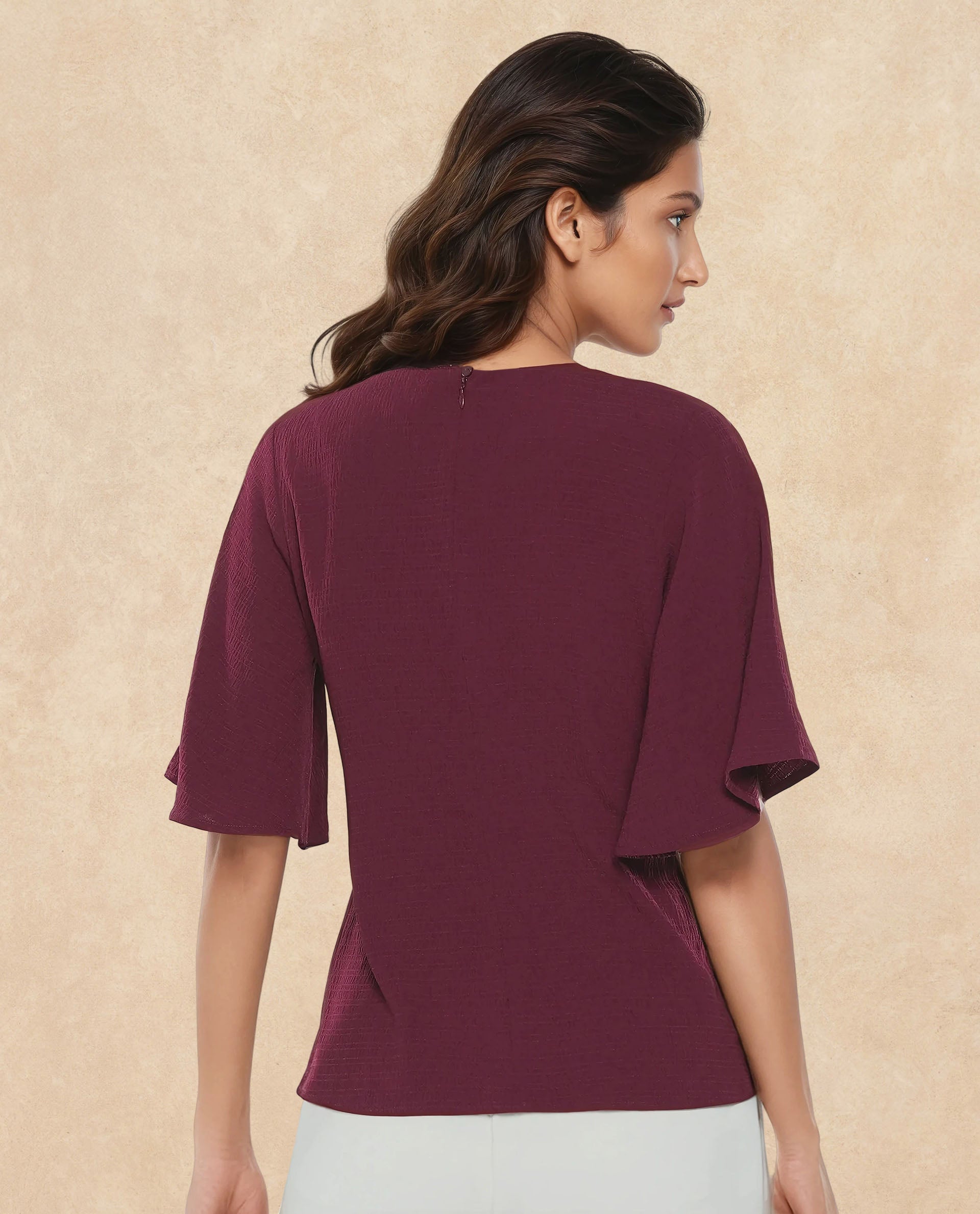 Rareism Women Drib Dark Red Bell Sleeves Round Neck Zipper Closure Plain Top